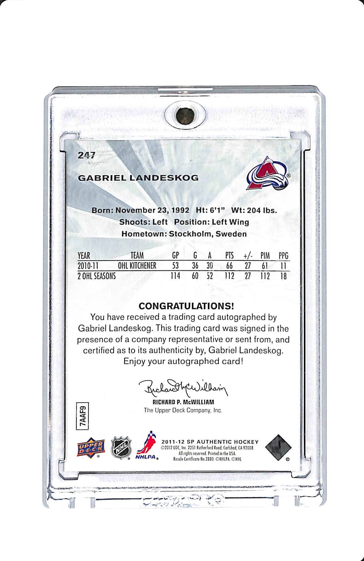 11-12 UD SP AUTHENTIC GABRIEL LANDESKOG FUTURE WATCH AUTO /999