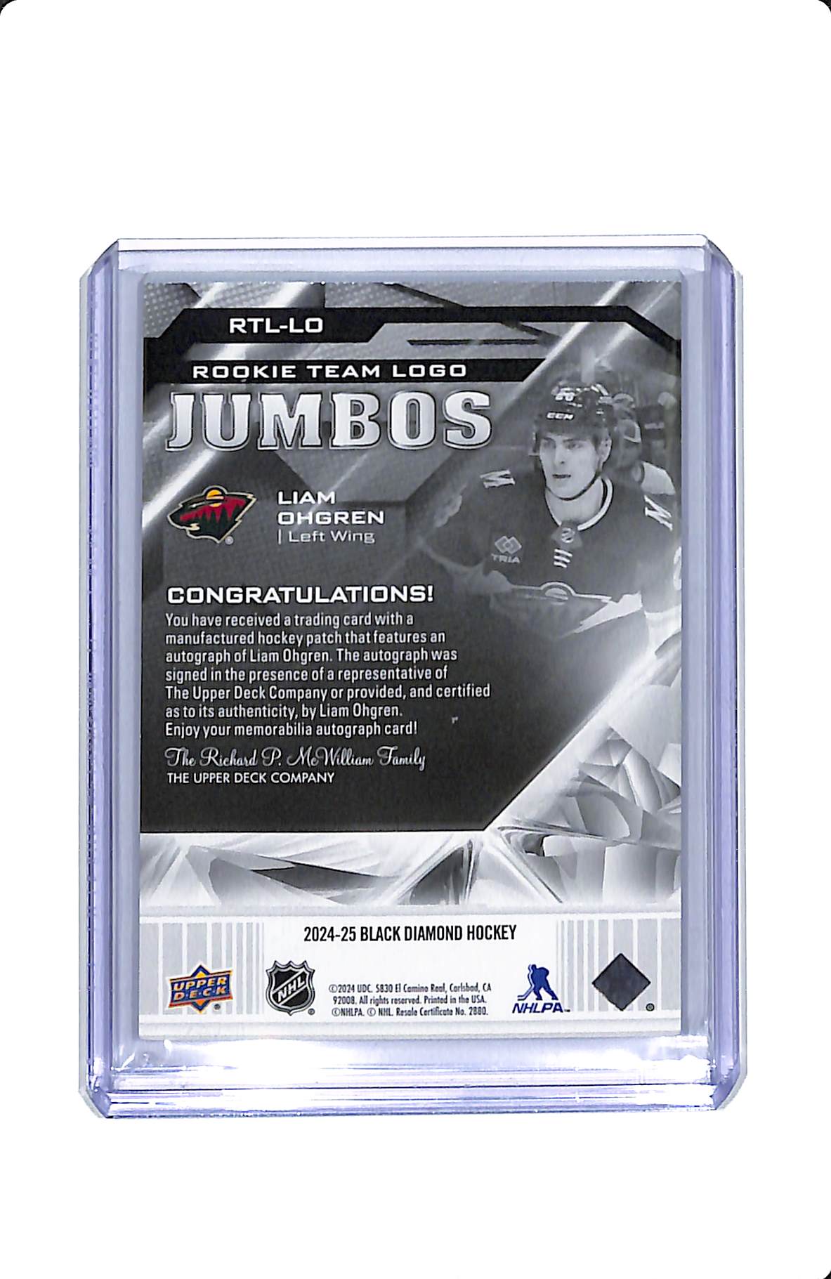 24-25 UD BLACK DIAMOND LIAM OHGREN ROOKIE TEAM LOGO JUMBOS AUTO 1/1
