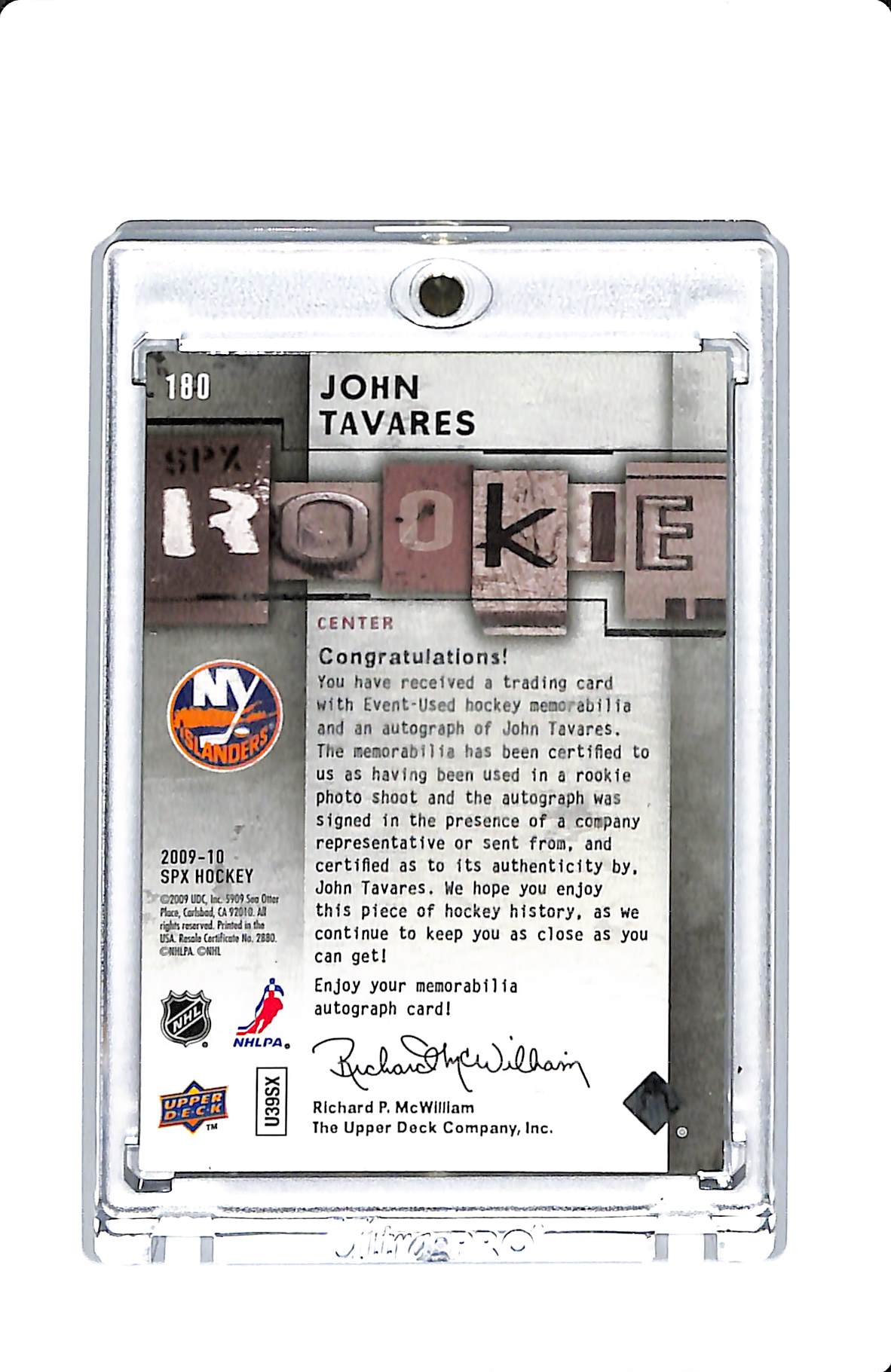 2009-10 UPPER DECK SPX JOHN TAVARES ROOKIE PATCH AUTO 460/499