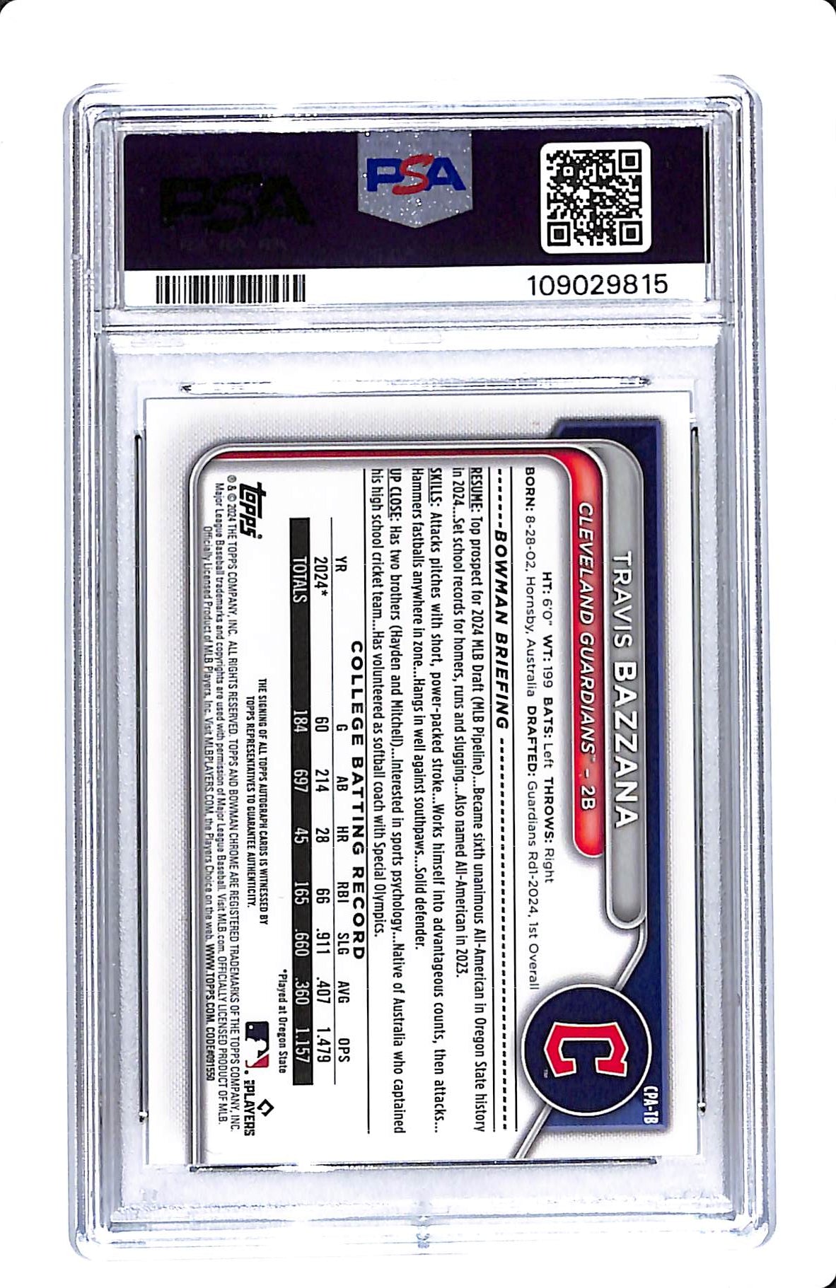 2024 TOPPS BOWMAN DRAFT CHROME PROSPECT AUTO TRAVIS BAZZANA PSA 9