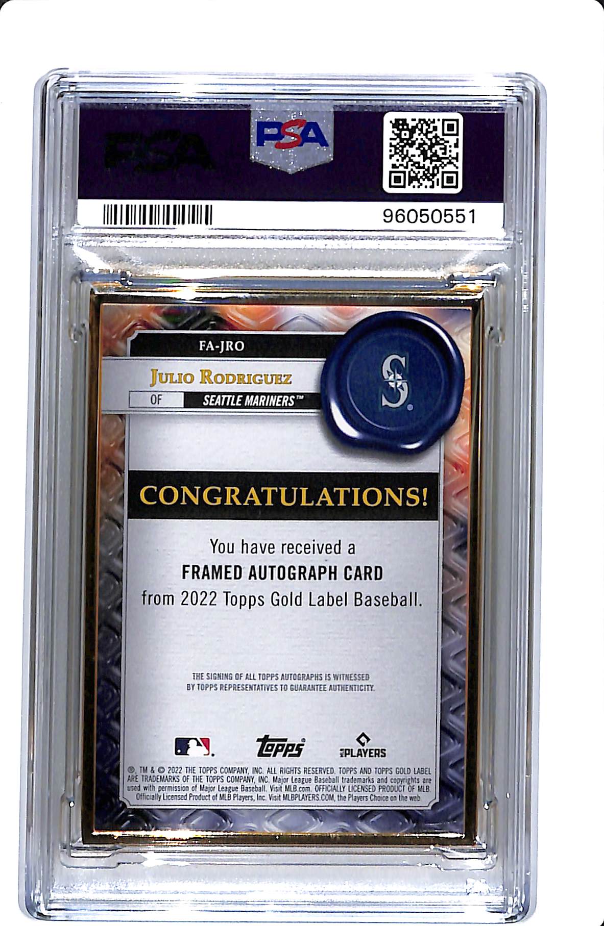 2022 TOPPS GOLD LABEL JULIO RODRIGUEZ FRAMED AUTOGRAPHS RED PSA 8