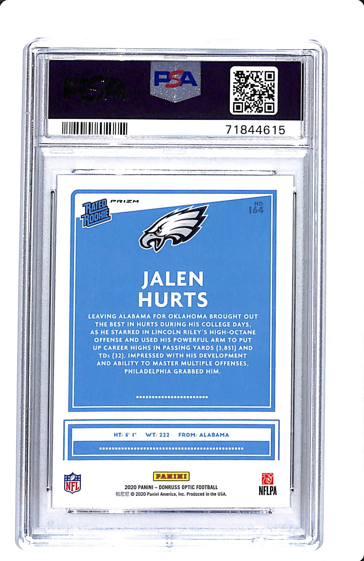 2020 PANINI DONRUSS OPTIC JALEN HURTS HOLO PSA 10