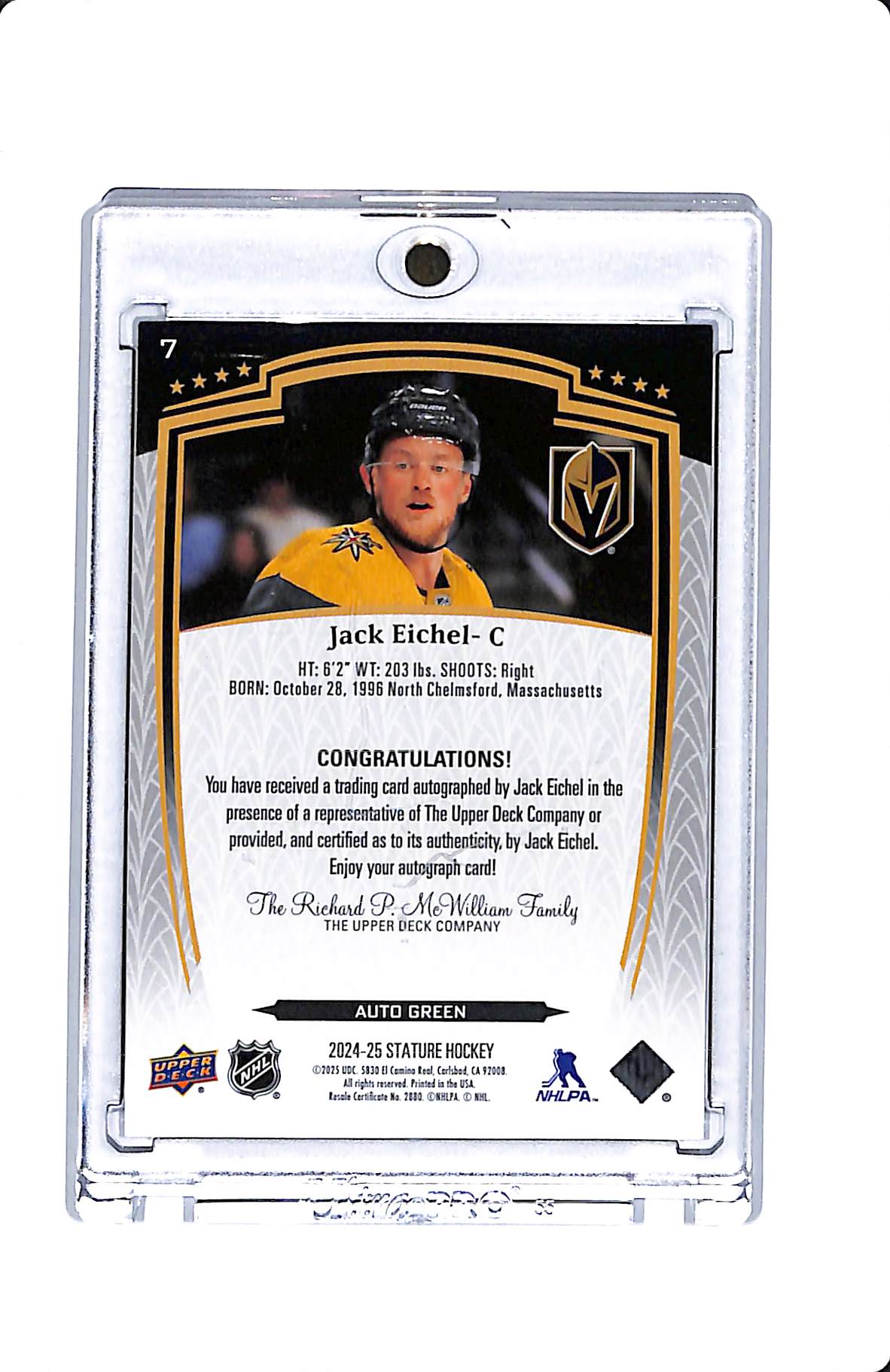 2024-25 UPPER DECK STATURE JACK EICHEL GREEN AUTO 026/199