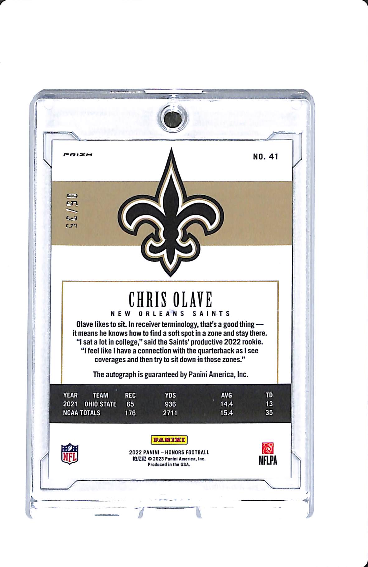 2022 PANINI HONORS GREEN CHRIS OLAVE ROOKIE AUTO 05/35