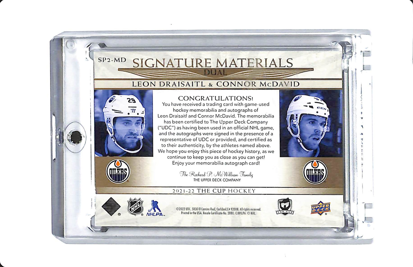2021-22 UPPER DECK THE CUP DUAL SIGNATURE MATERIALS LEON DRAISAITL/CONNOR MCDAVID PATCH AUTO 5/5