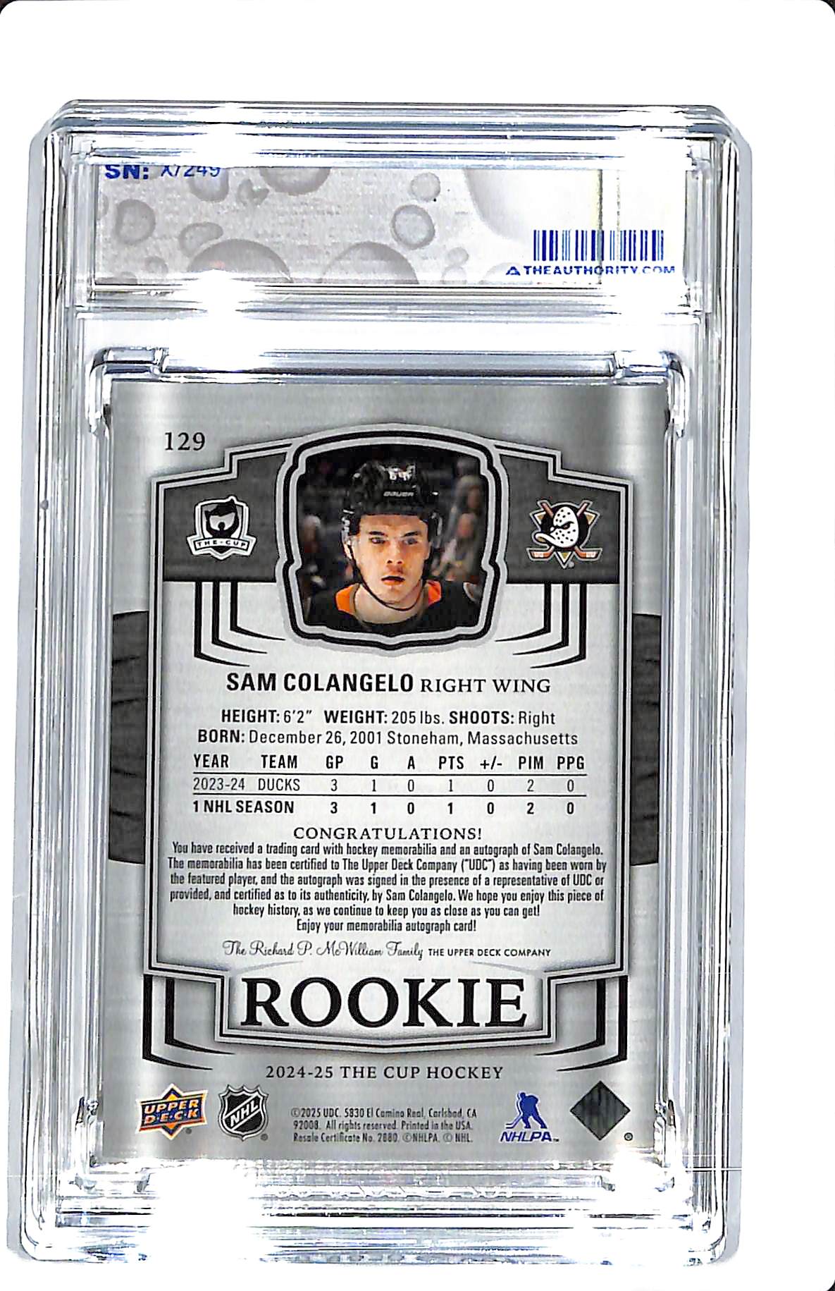 2024-25 UPPER DECK THE CUP BASE SET SAM COLANGELO ROOKIE AUTO PATCH 182/249