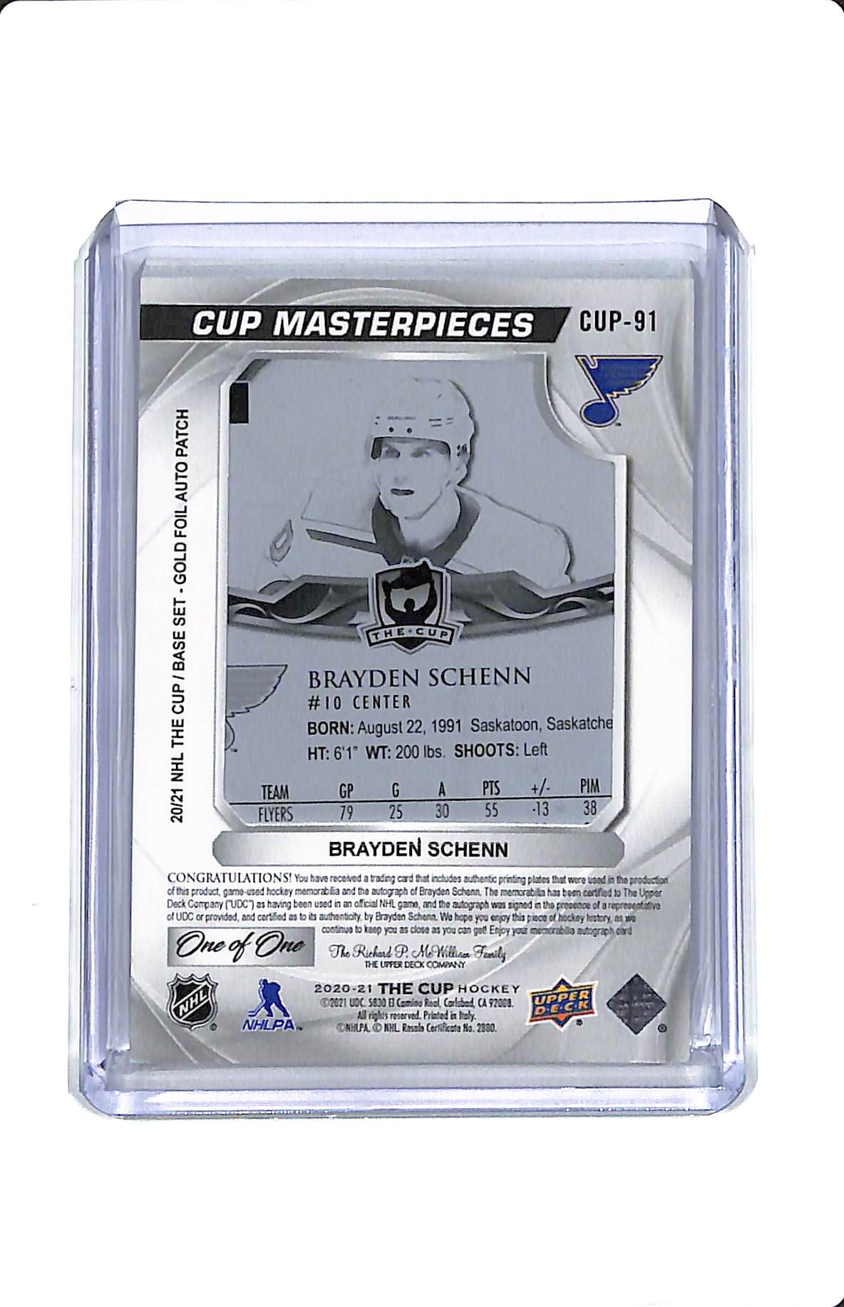 2024-25 UPPER DECK THE CUP CUP MASTERPIECES BLACK PRINTING PLATE BRAYDEN SCHENN ONE OF ONE AUTO