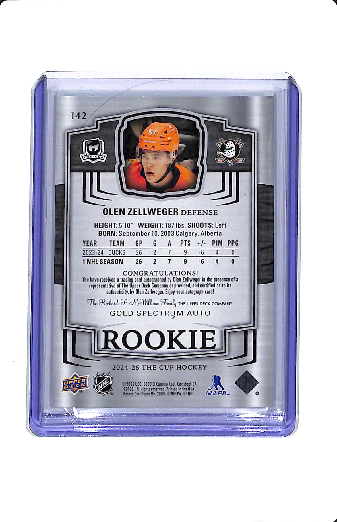 2024-25 UPPER DECK THE CUP OLEN ZELLWEGER GOLD SPECTRUM ROOKIE AUTO /36