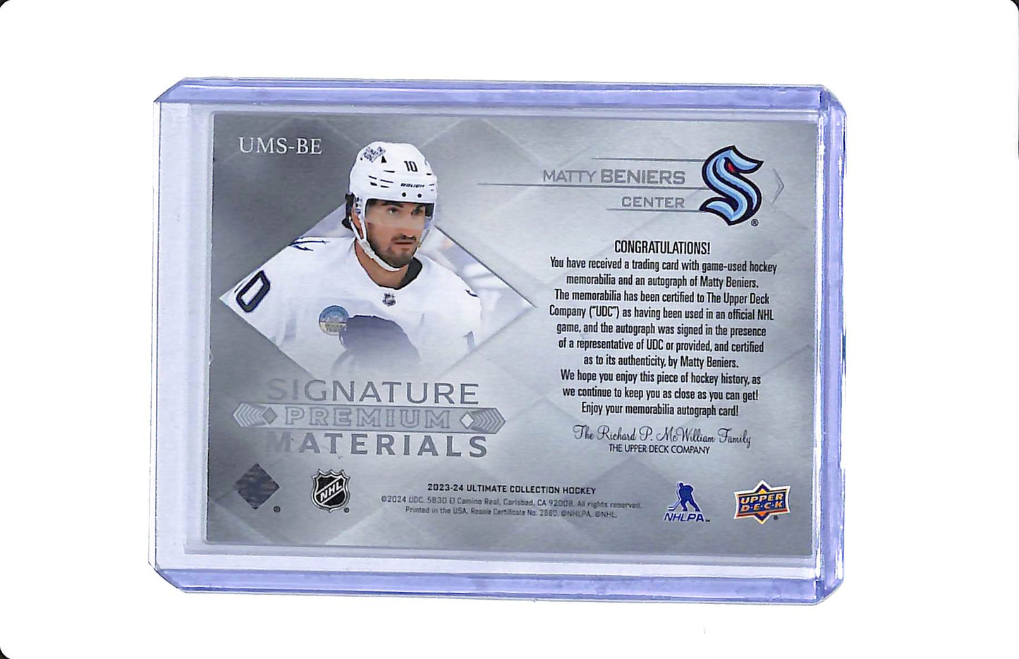 2023-24 UPPER DECK ULTIMATE COLLECTION SIGNATURE PREMIUM MATERIALS PATCH AUTO MATTY BENIERS 14/99