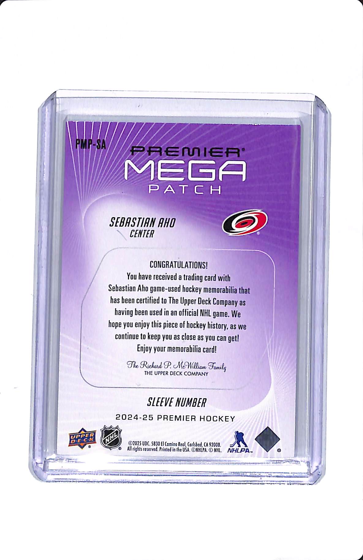 2024-25 UPPER DECK PREMIER MEGA PATCH SLEEVE NUMBER SEBASTIAN AHO 2/4
