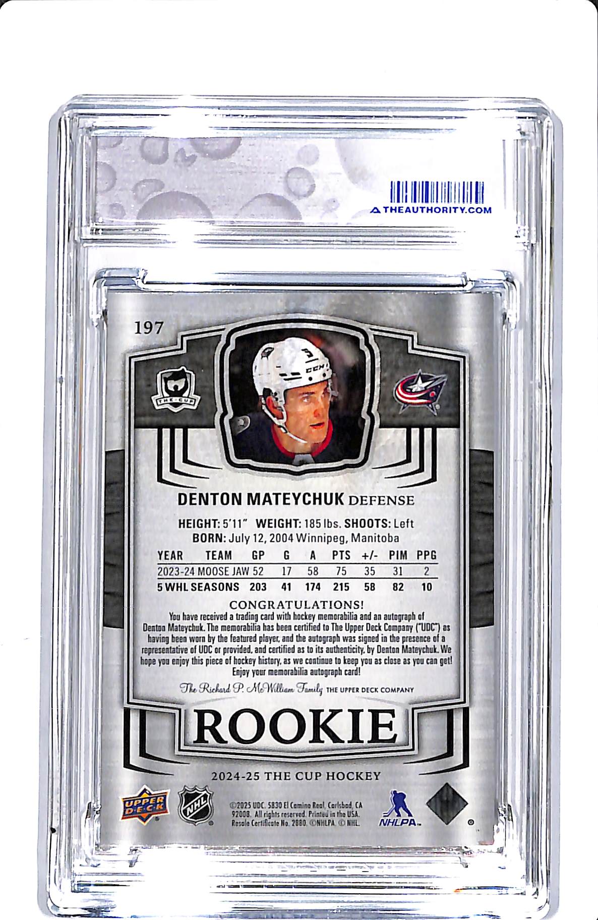 2024-25 UPPER DECK THE CUP DENTON MATEYCHUK ROOKIE AUTO PATCH 116/249