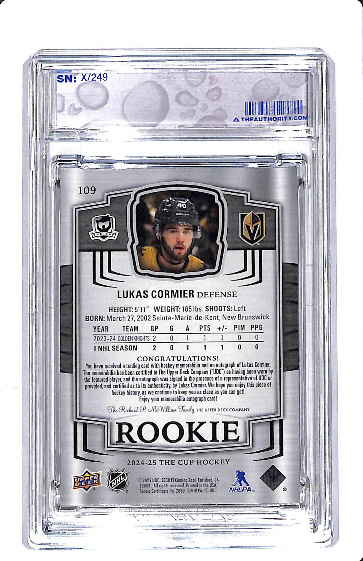 2024-25 UPPER DECK THE CUP LUKAS CORMIER ROOKIE AUTO PATCH 024/249