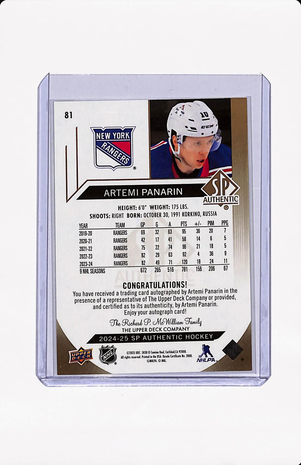 2024-25 UD SP AUTHENTIC ARTEMI PANARIN LIMITED AUTO