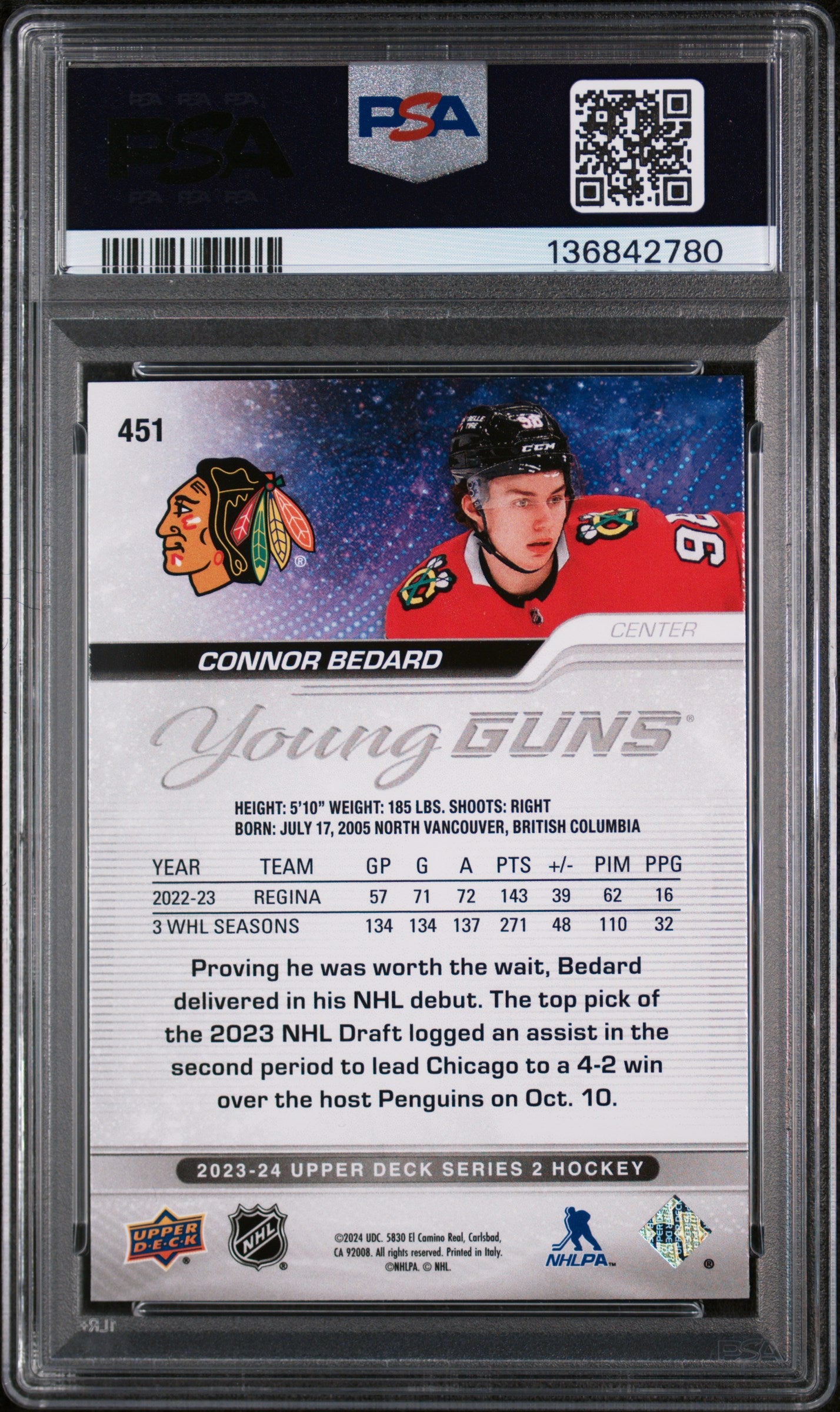 2023-24 UPPER DECK SERIES 2 CONNOR BEDARD YOUNG GUNS PSA 9 #451