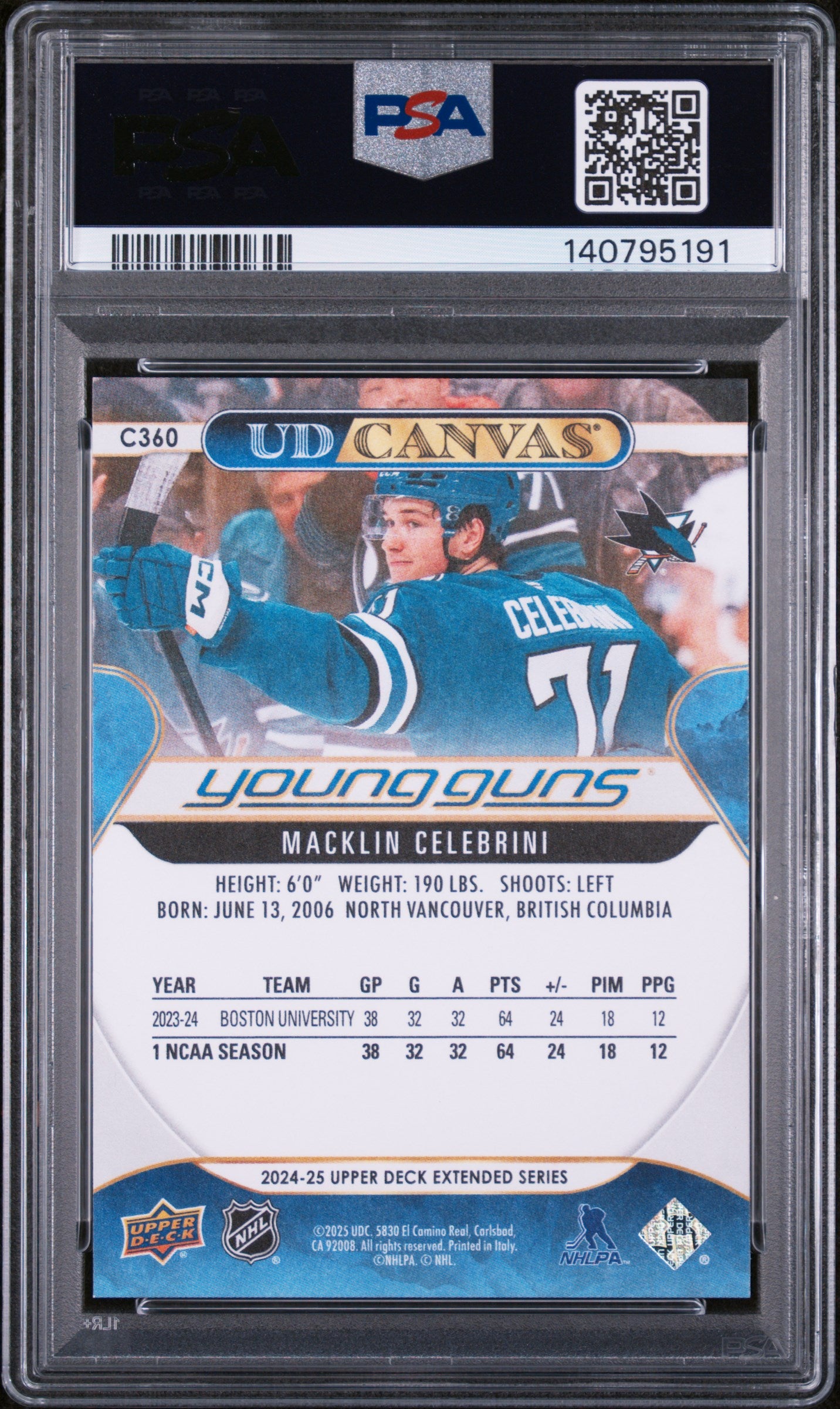 2024-25 UPPER DECK EXTENDED SERIES MACKLIN CELEBRINI UD CANVAS YOUNG GUNS PSA 9 #C360