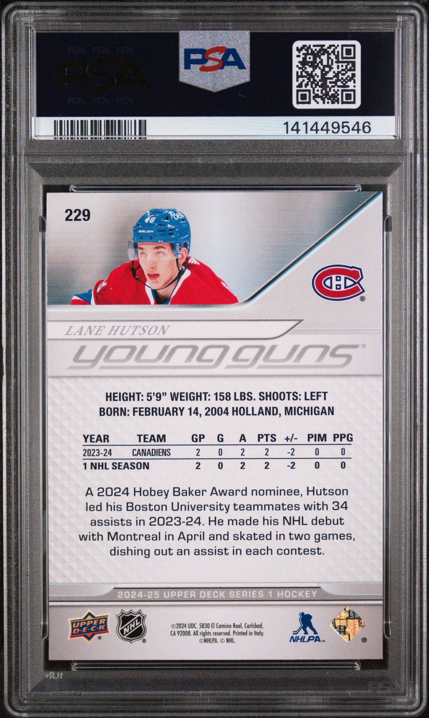 2024 UPPER DECK SERIES 1 #229 LANE HUTSON YOUNG GUNS PSA 9
