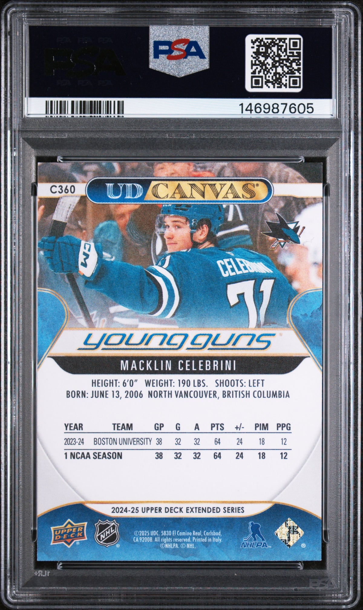 2024 UPPER DECK UD CANVAS #C360 MACKLIN CELEBRINI YOUNG GUNS CANVAS PSA 10