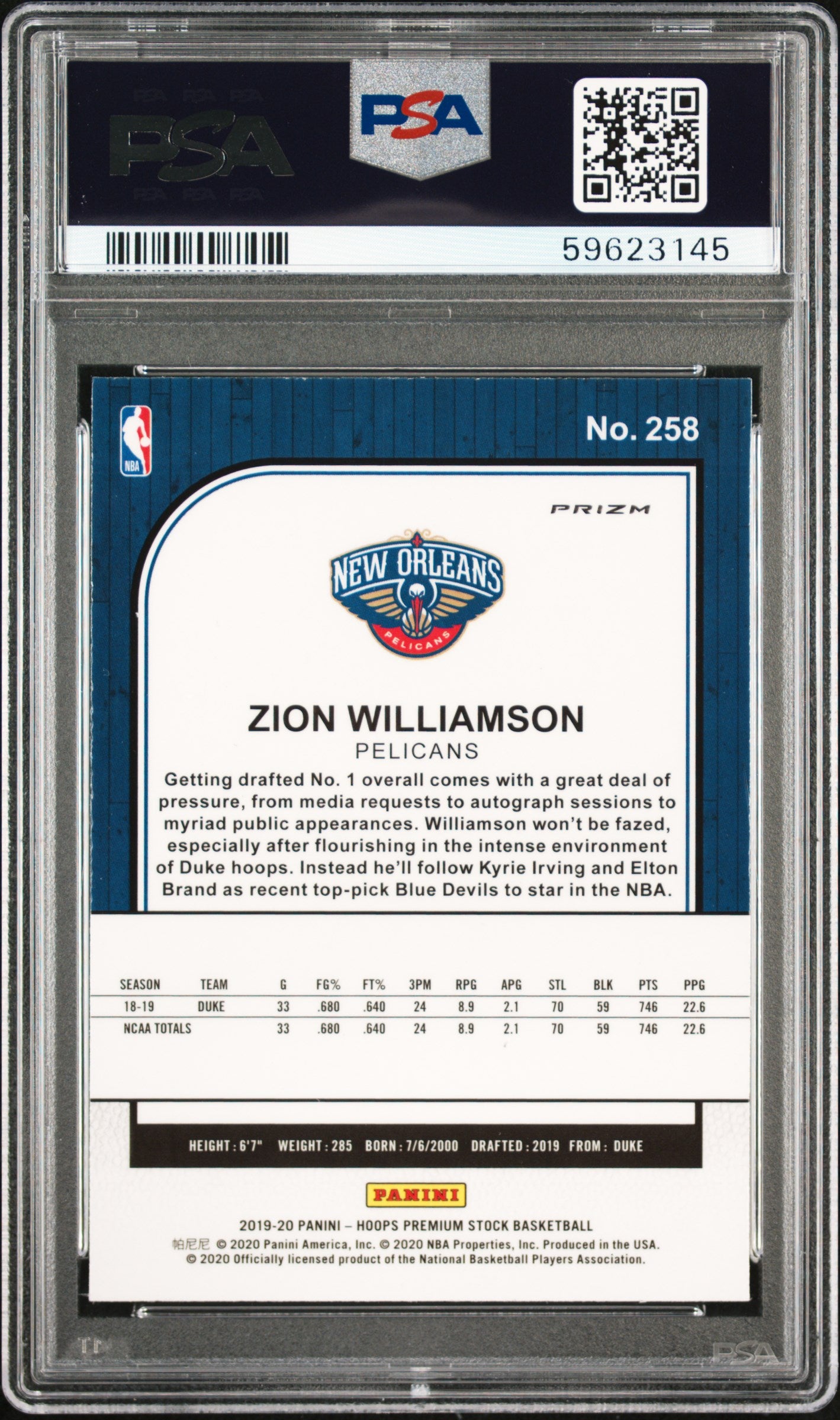 2019 PANINI HOOPS PREMIUM STOCK ZION WILLIAMSON FLASH ROOKIE PSA 10 #258