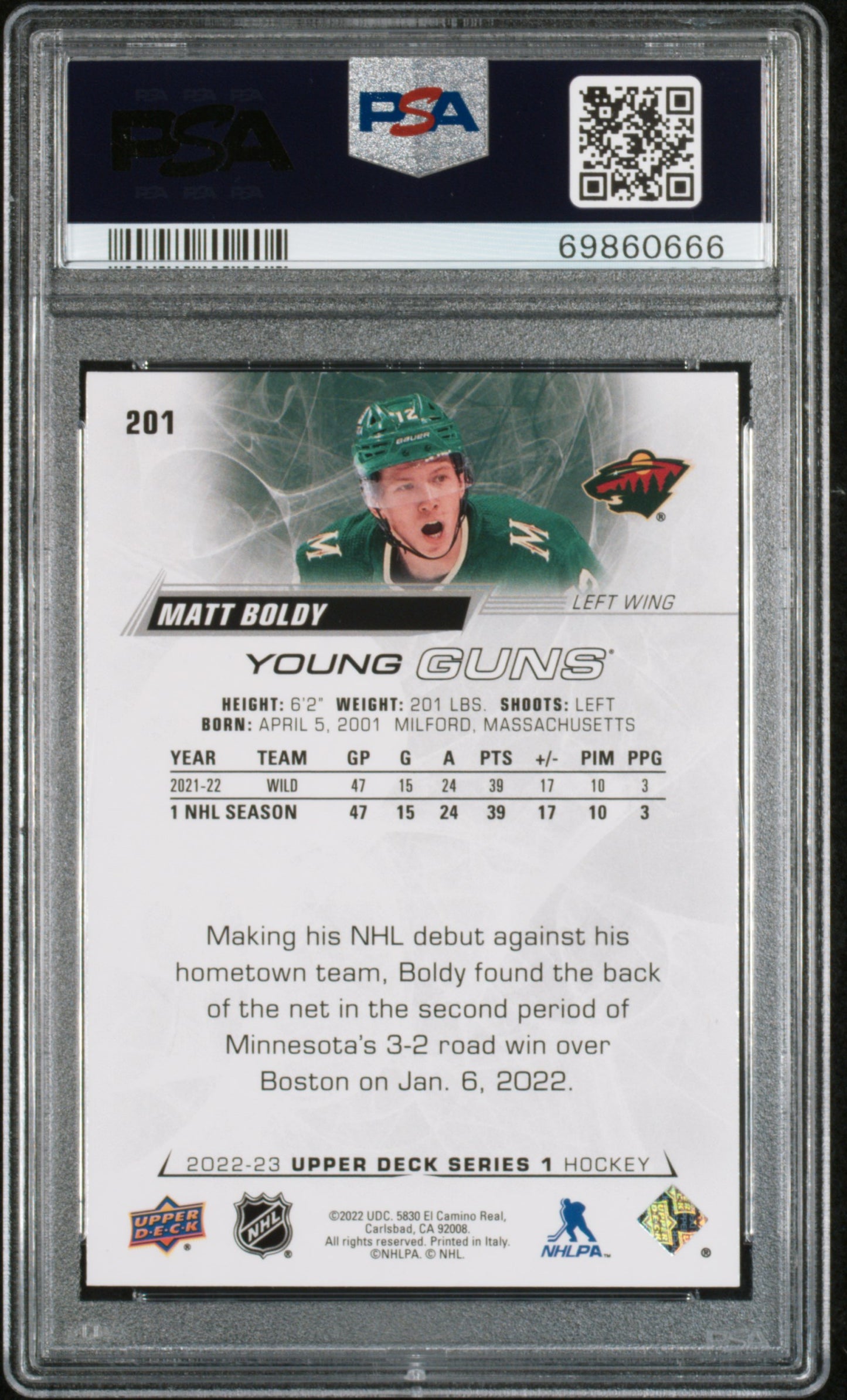 2022-23 UPPER DECK SERIES 1 MATT BOLDY YOUNG GUNS PSA 10