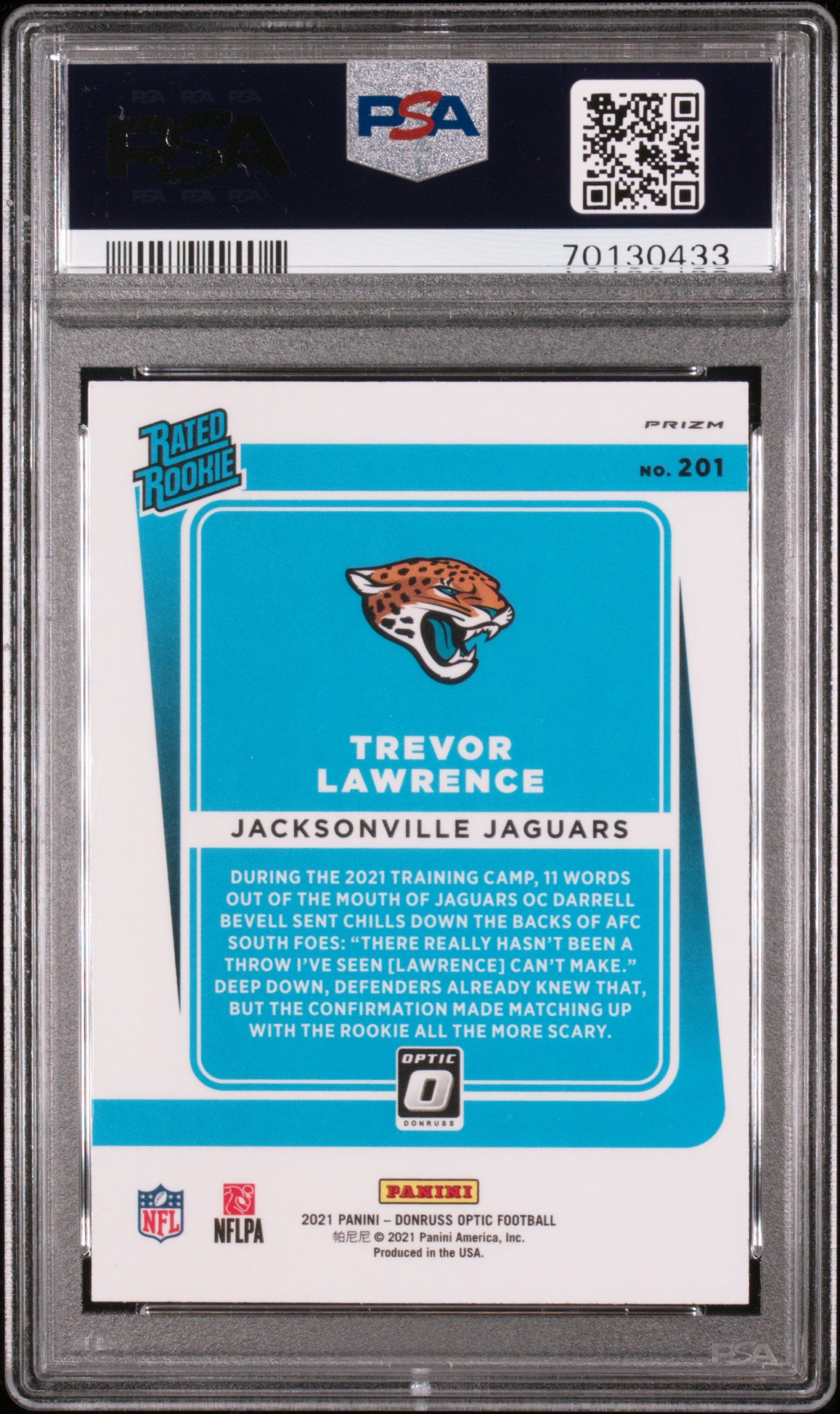 2021 PANINI DONRUSS OPTIC TREVOR LAWRENCE PURPLE SHOCK RATED ROOKIE PSA 9 #201