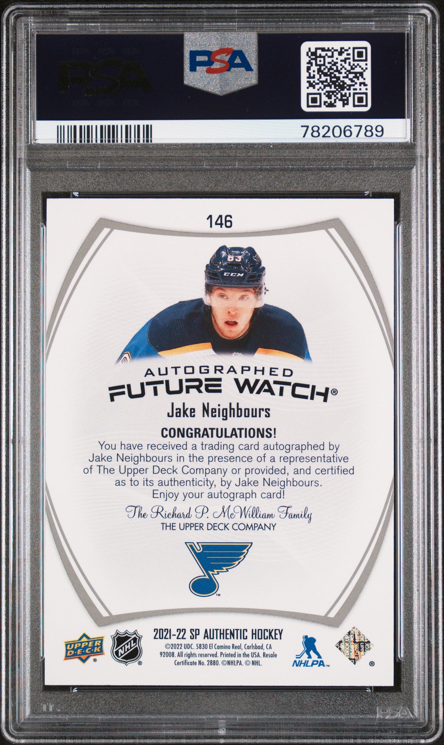 2021-22 UPPER DECK SP AUTHENTIC JAKE NEIGHBOURS FUTURE WATCH AUTO /999 PSA 10 #146