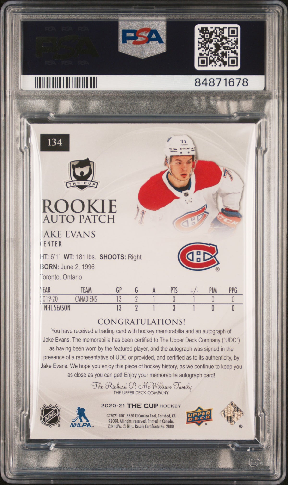 2020 UPPER DECK THE CUP #134 JAKE EVANS ROOKIE PATCH AUTOGRAPH PSA 9 AUTO 10
