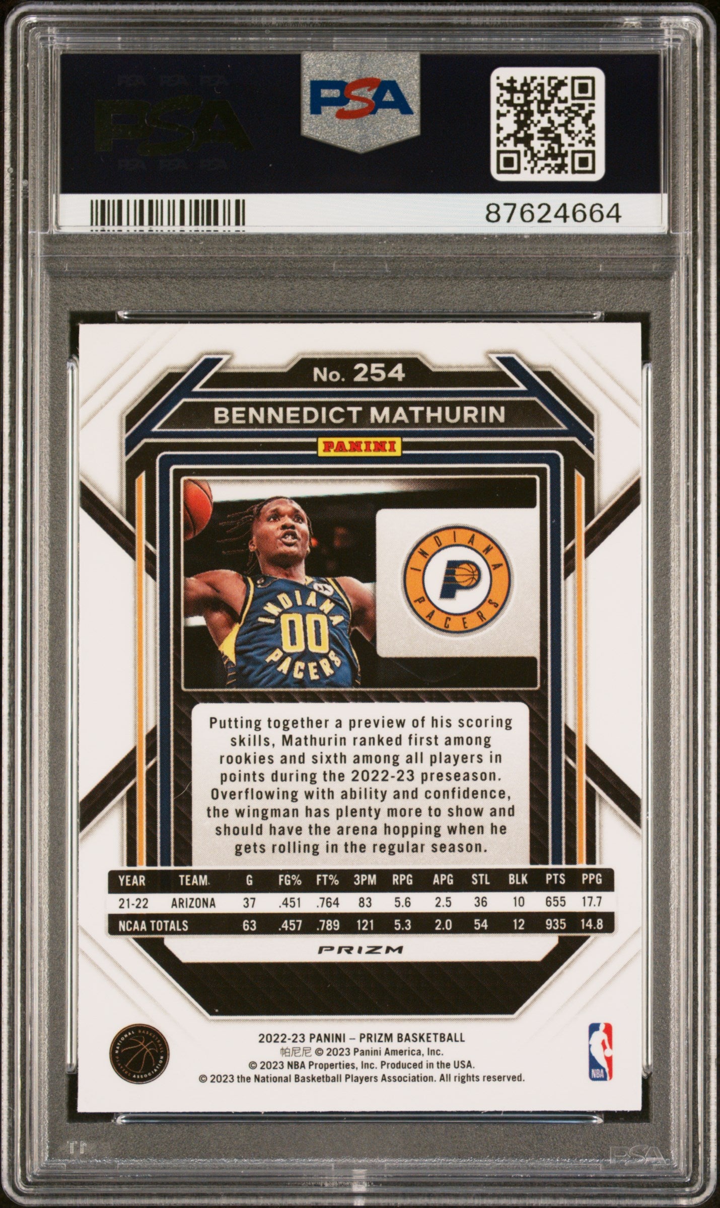 2022 PANINI PRIZM BENNEDICT MATHURIN RED ICE ROOKIE PSA 10 #254