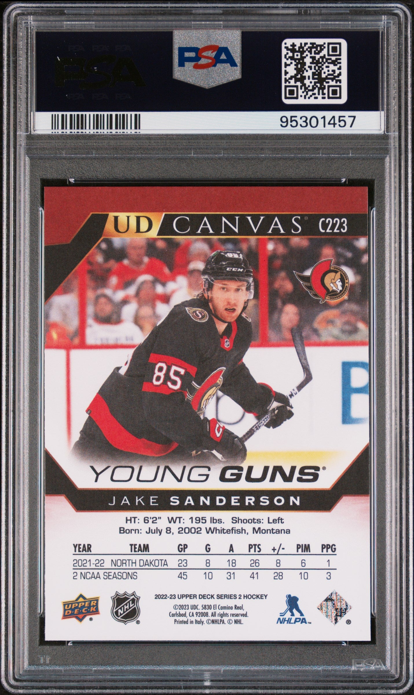 2022-23 UPPER DECK SERIES 2 JAKE SANDERSON UD CANVAS YOUNG GUNS PSA 10