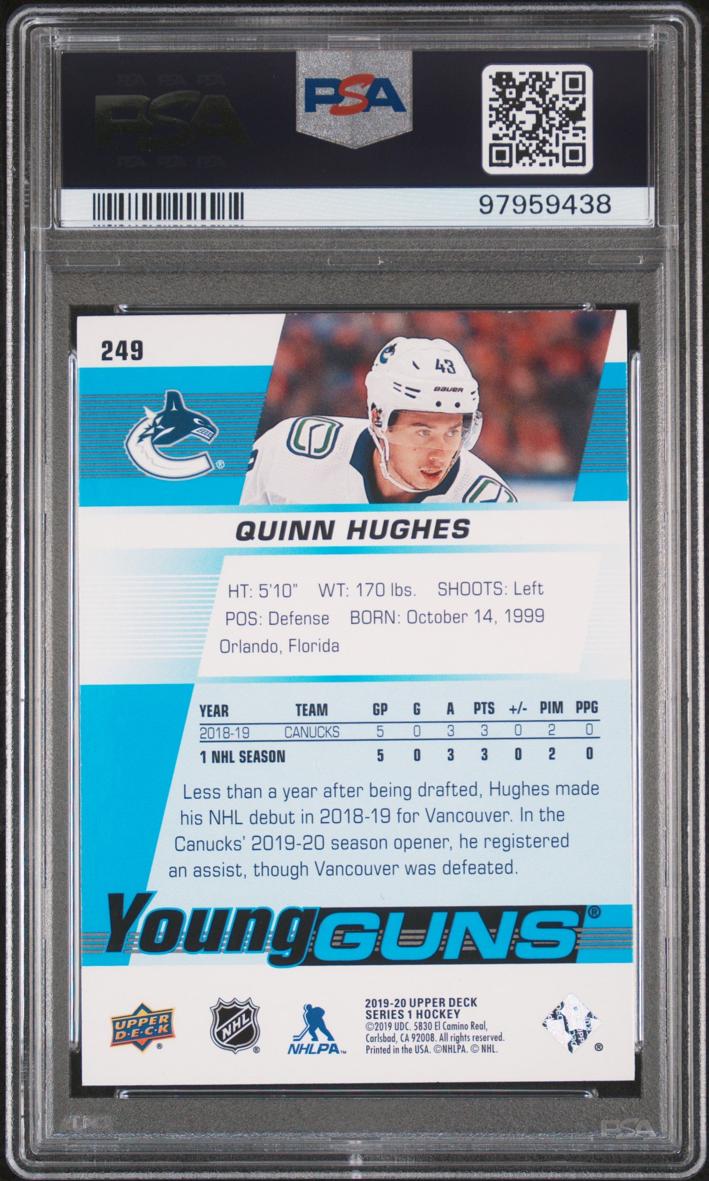2019-20 UPPER DECK SERIES 1 QUINN HUGHES YOUNG GUNS PSA 10 #249