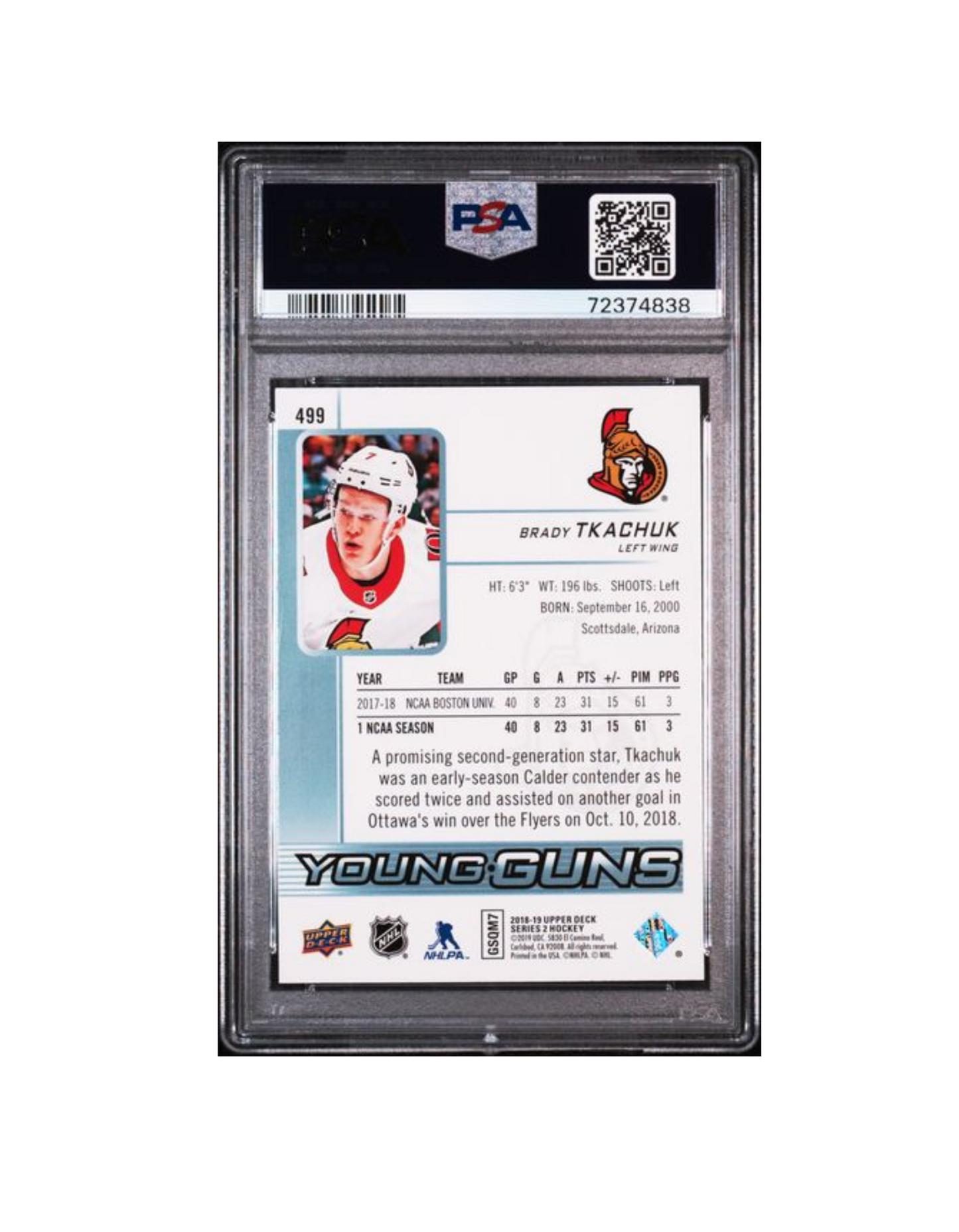 2018 UD BRADY TKACHUK YOUNG GUNS PSA 9
