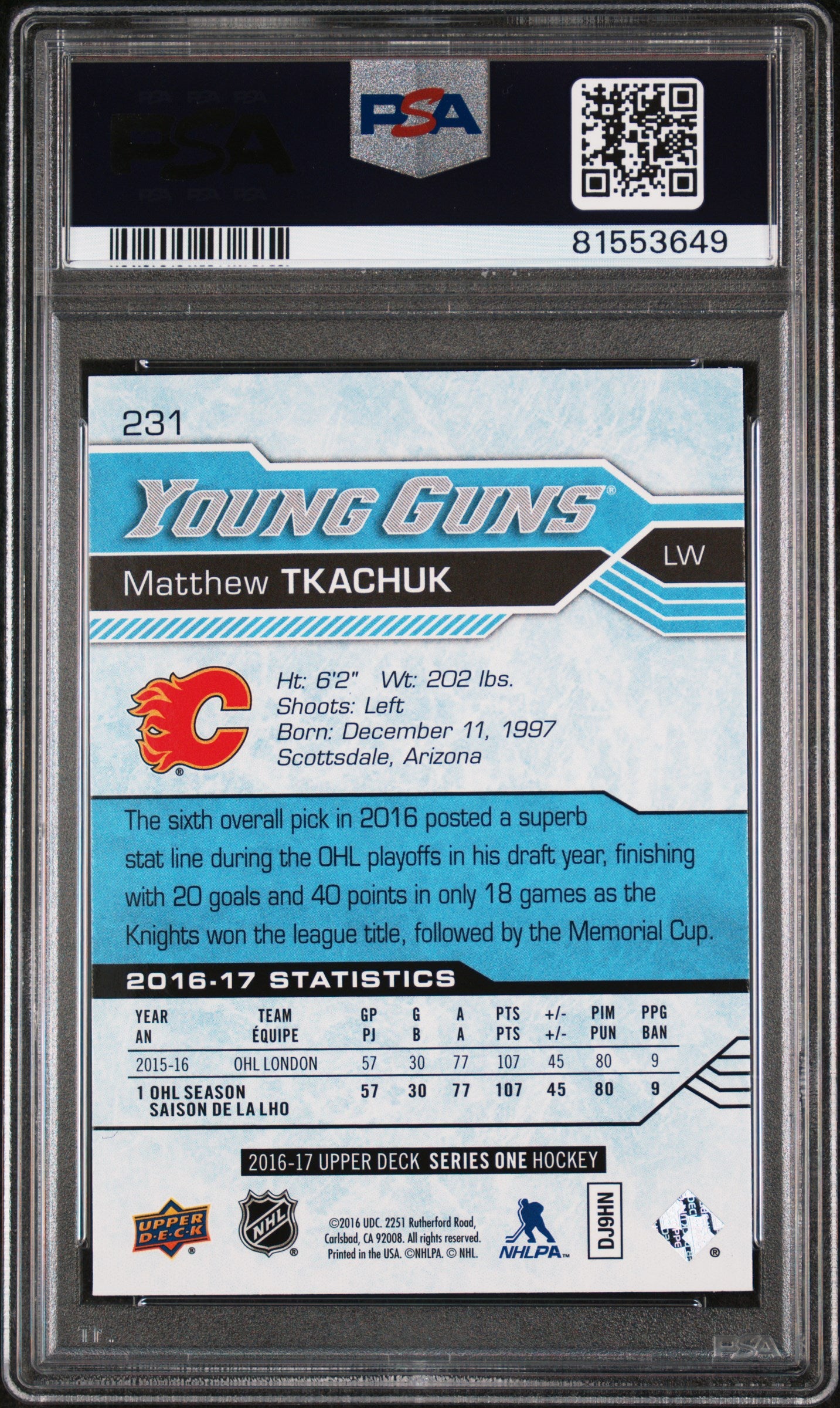 2016-17 UPPER DECK SERIES 1 MATTHEW TKACHUK YOUNG GUNS PSA 10