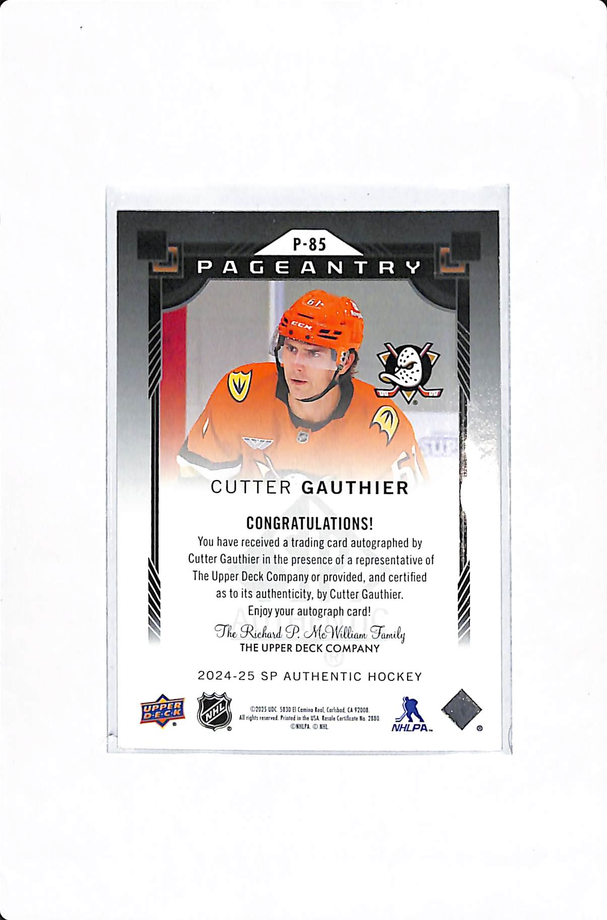 2024-25 UPPER DECK SP AUTHENTIC CUTTER GAUTHIER PAGEANTRY ROOKIE AUTO #P-85