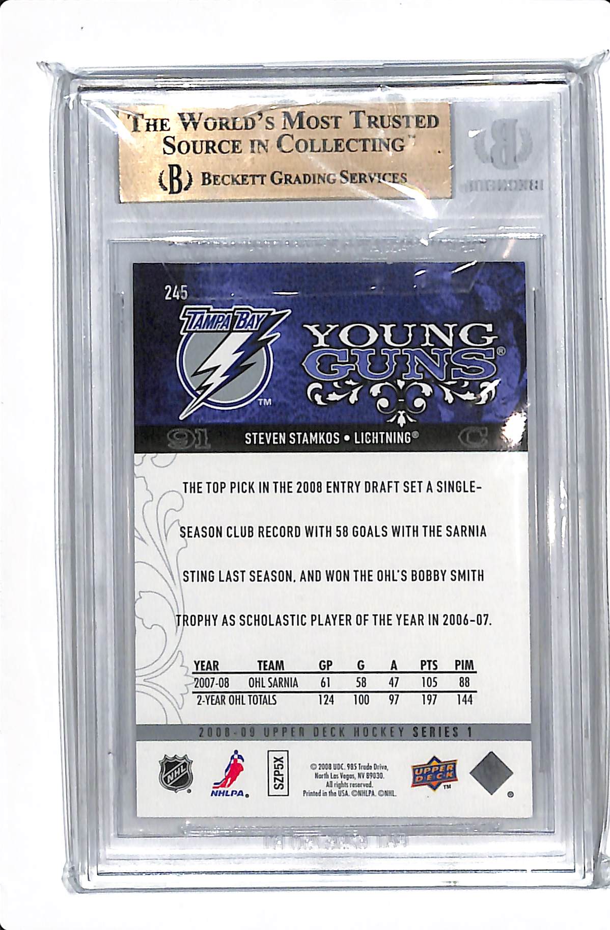2008-09 UPPER DECK SERIES 1 STEVEN STAMKOS YOUNG GUNS BGS 9.5 #245
