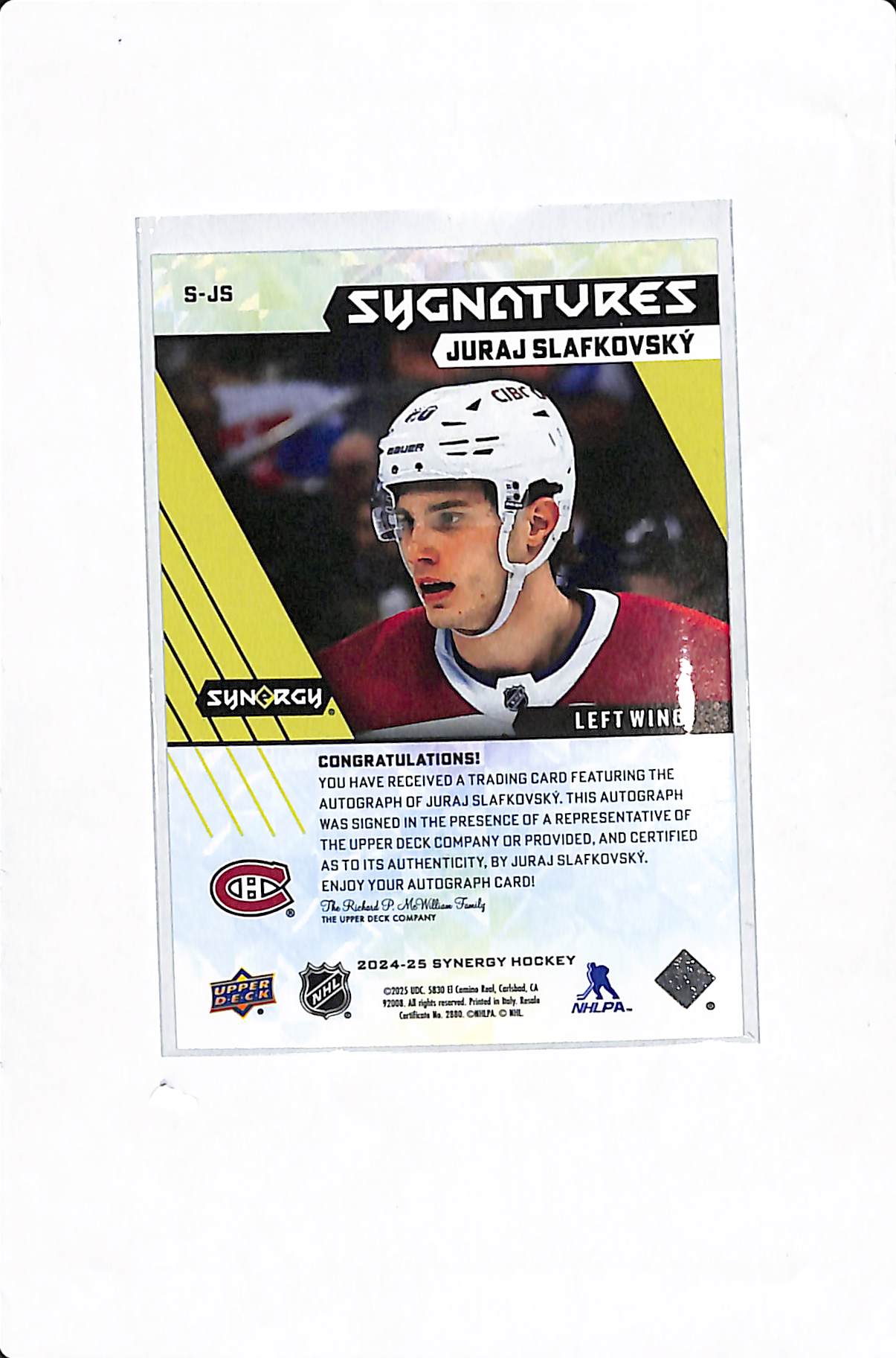 2024-25 UPPER DECK SYNERGY JURAJ SLAFKOVSKY SYGNATURES AUTO #S-JS