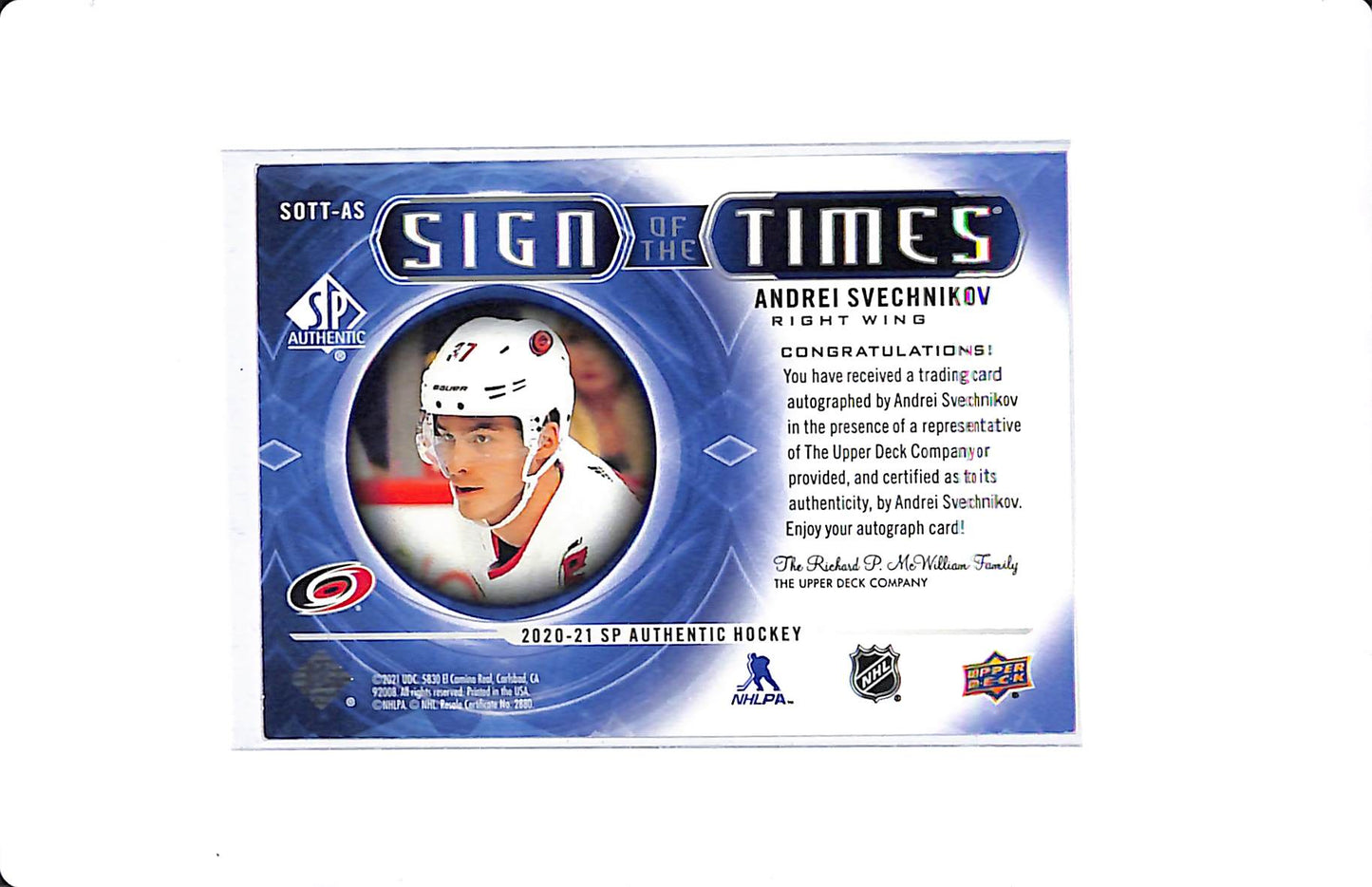 2020-21 UPPER DECK SP AUTHENTIC ANDREI SVECHNIKOV SIGN OF THE TIMES SOTT-AS