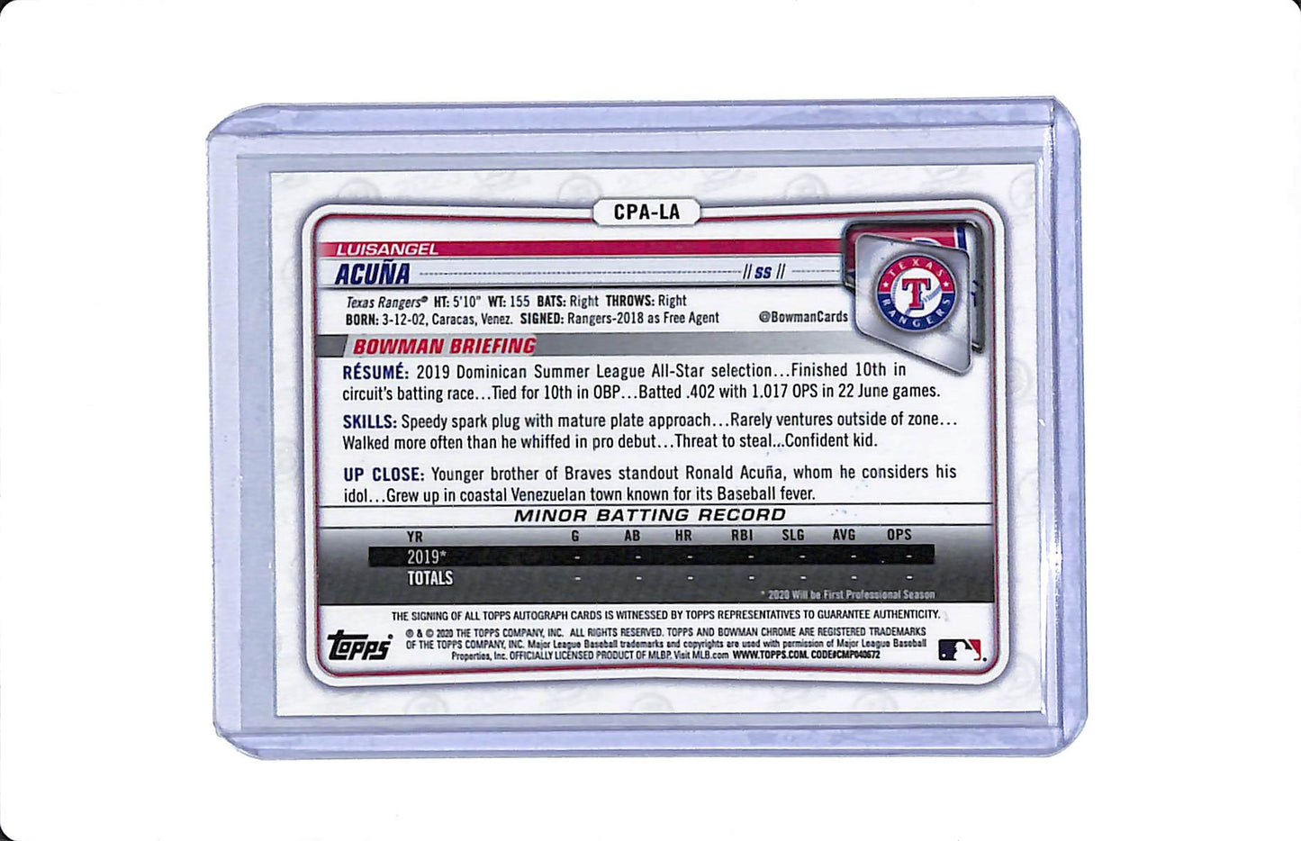 2020 BOWMAN CHROME LUISANGEL ACUNA 1ST PROSPECT AUTO