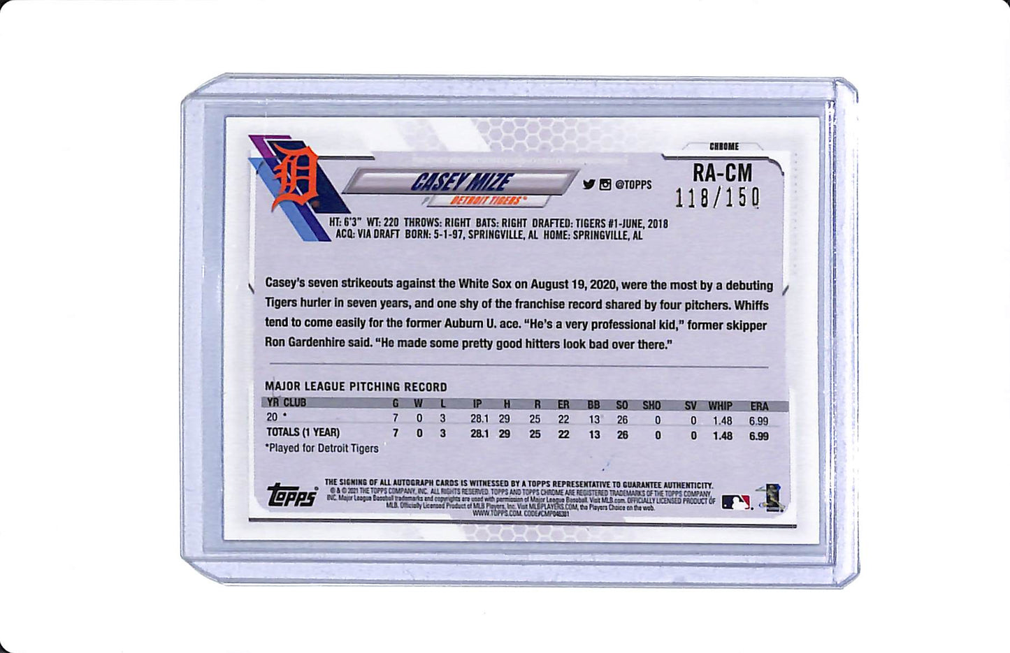 2021 TOPPS CHROME BLUE WAVE RC AUTO CASEY MIZE 118/150