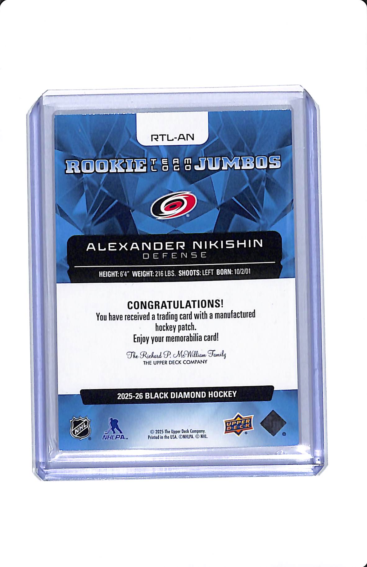2025-26 UD BLACK DIAMOND ROOKIE TEAM LOGO JUMBOS ALEXANDER NIKISHIN