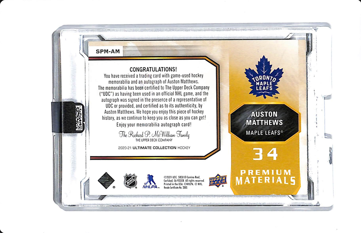 2020-21 UD ULTIMATE COLLECTION SIGNATURE PREMIUM MATERIALS AUSTON MATTHEWS 06/15