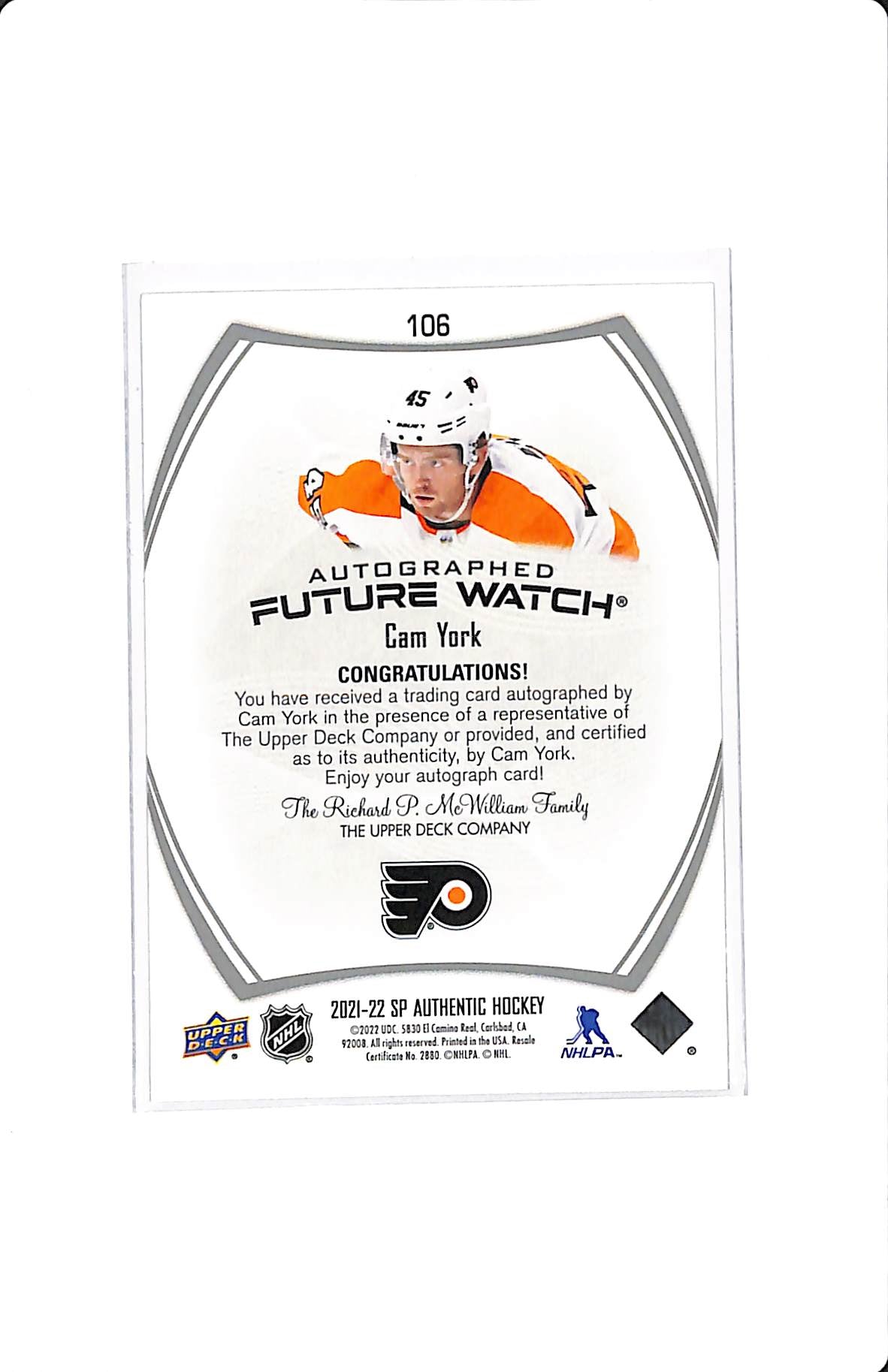 2021-22 UD SP AUTHENTIC CAM YORK FUTURE WATCH AUTOGRAPH INSCRIBED /999 #106