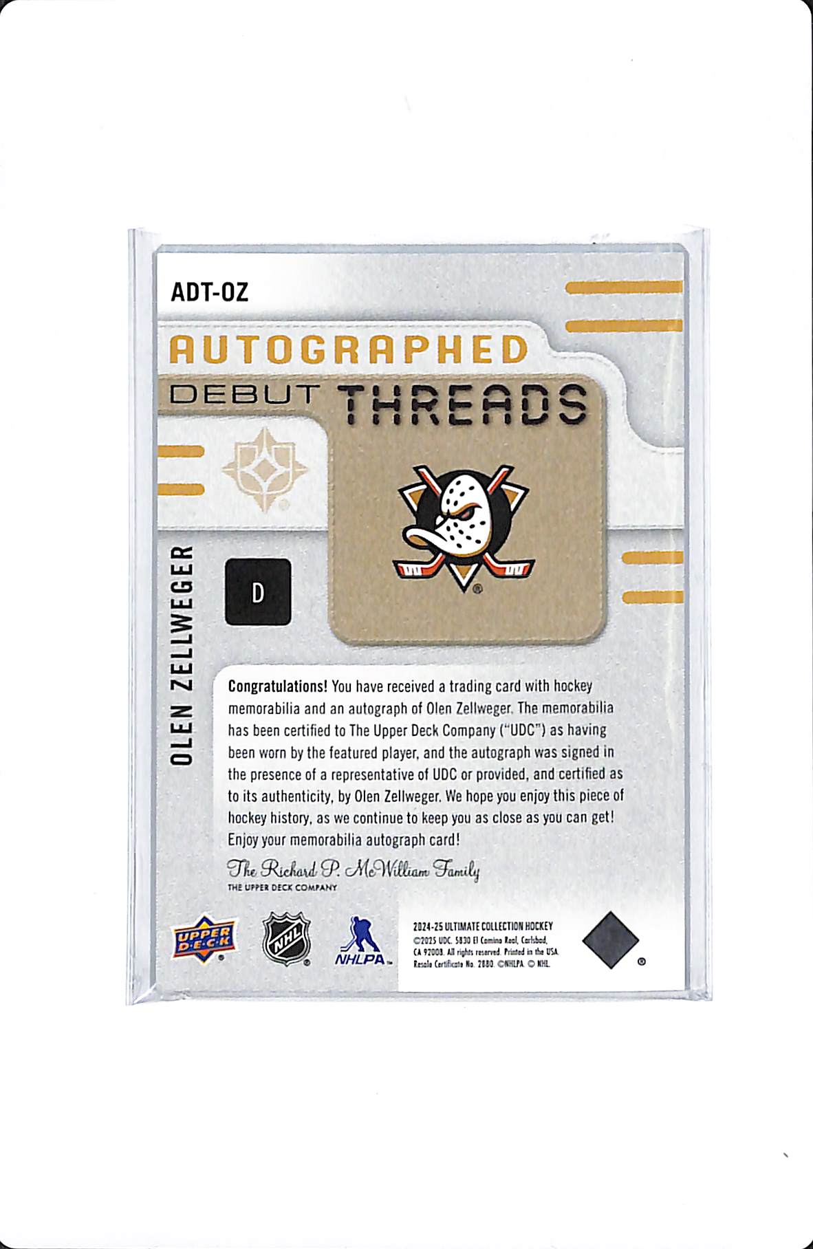 2024-25 UD ULTIMATE OLEN ZELLWEGER AUTOGRAPHED DEBUT THREADS /199 #ADT-OZ
