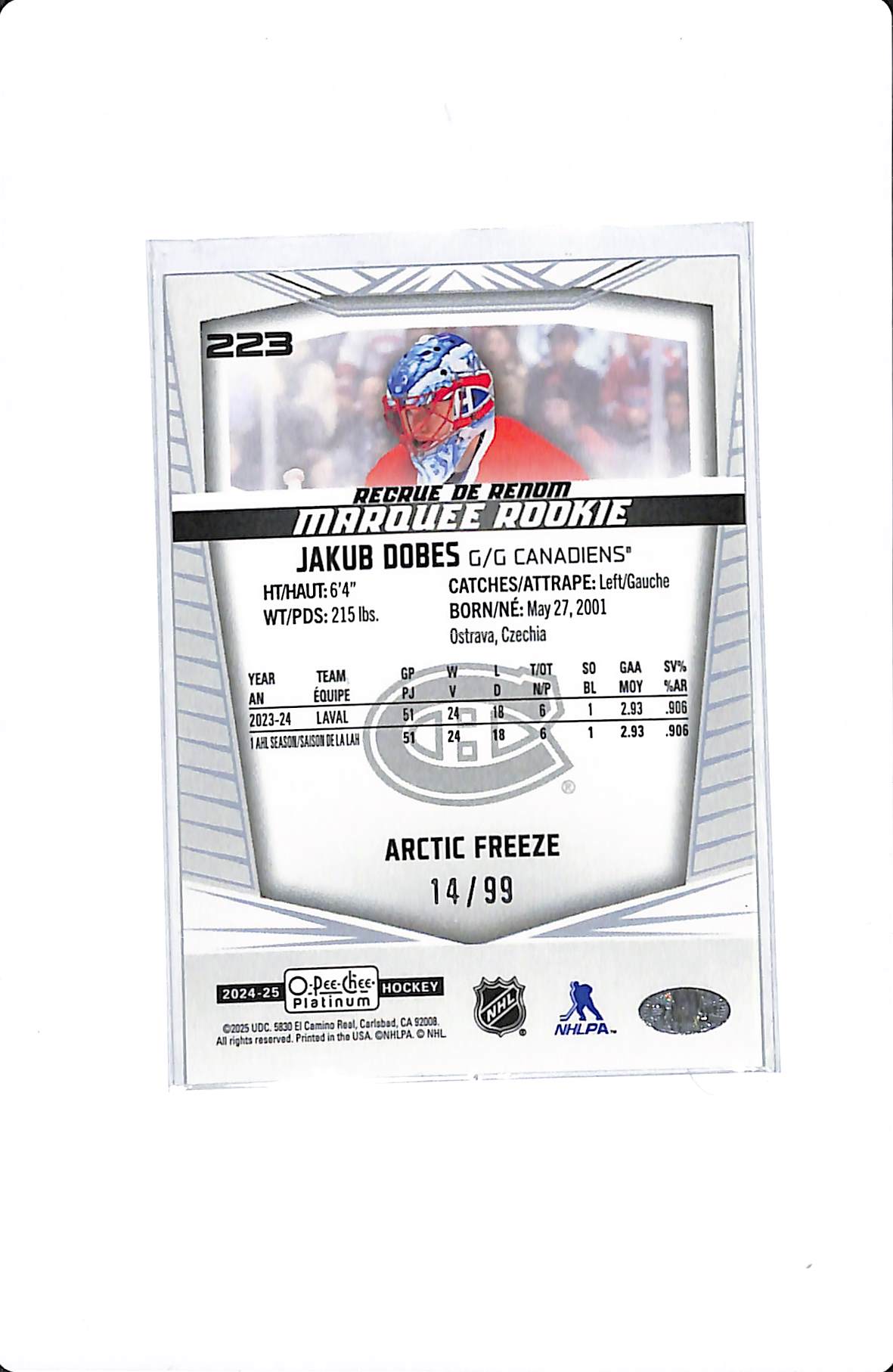 2024-25 UD O-PEE-CHEE PLATINUM JAKUB DOBES MARQUEE ROOKIE ARTIC FREEZE /99 #223