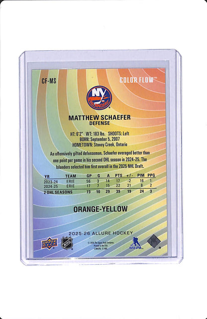 2025-26 UPPER DECK ALLURE COLOR FLOW ORANGE-YELLOW MATTHEW SCHAEFER RC