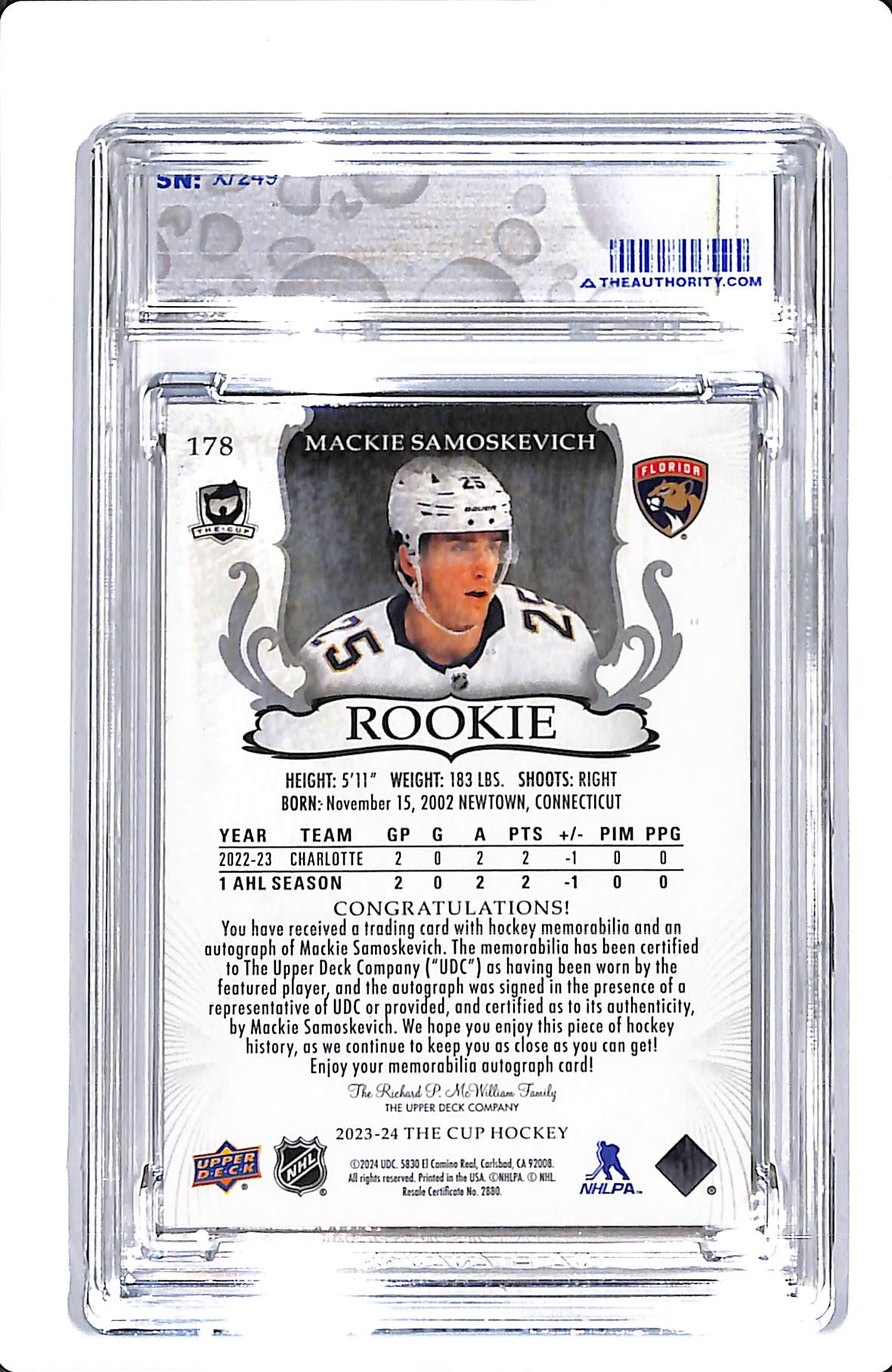 2023-24 UD THE CUP MACKIE SAMOSKEVICH ROOKIE AUTO PATCH #178 /249