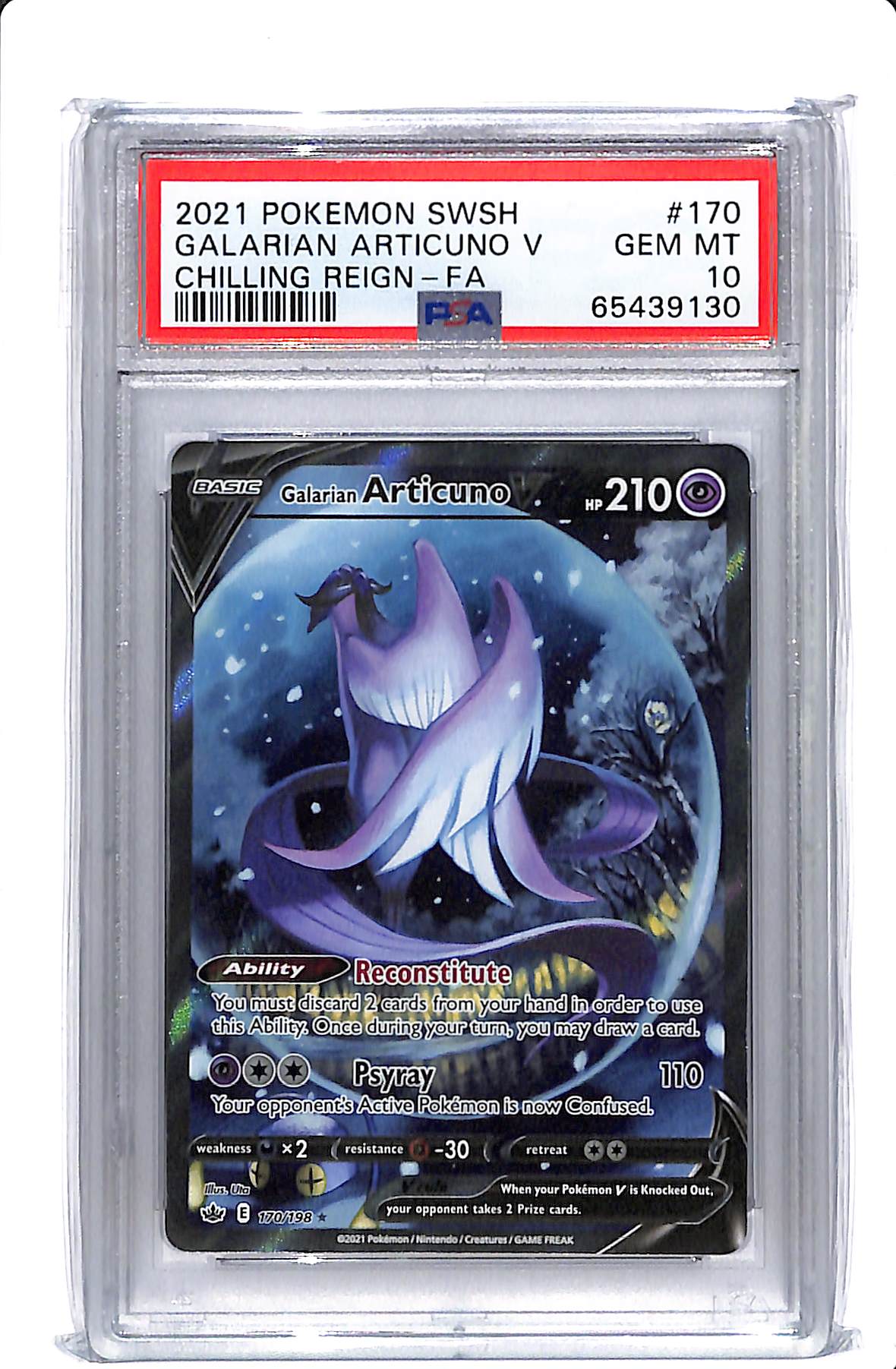 2021 POKEMON SWSH GALARIAN ARTICUNO V (ALT FULL ART) CHILLING REIGN 170/198 PSA 10