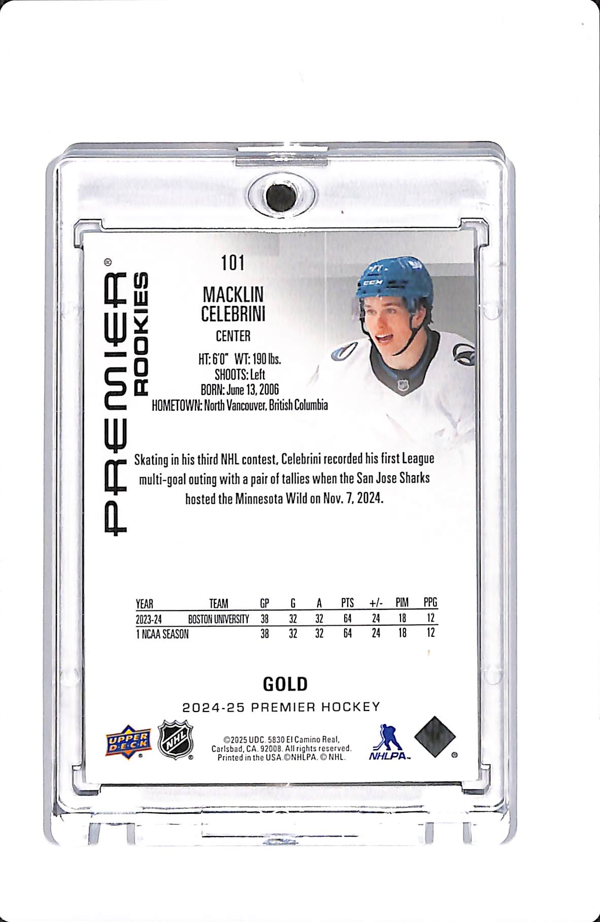 2024-25 UPPER DECK PREMIER MACKLIN CELEBRINI PREMIER ROOKIE GOLD /199 #101