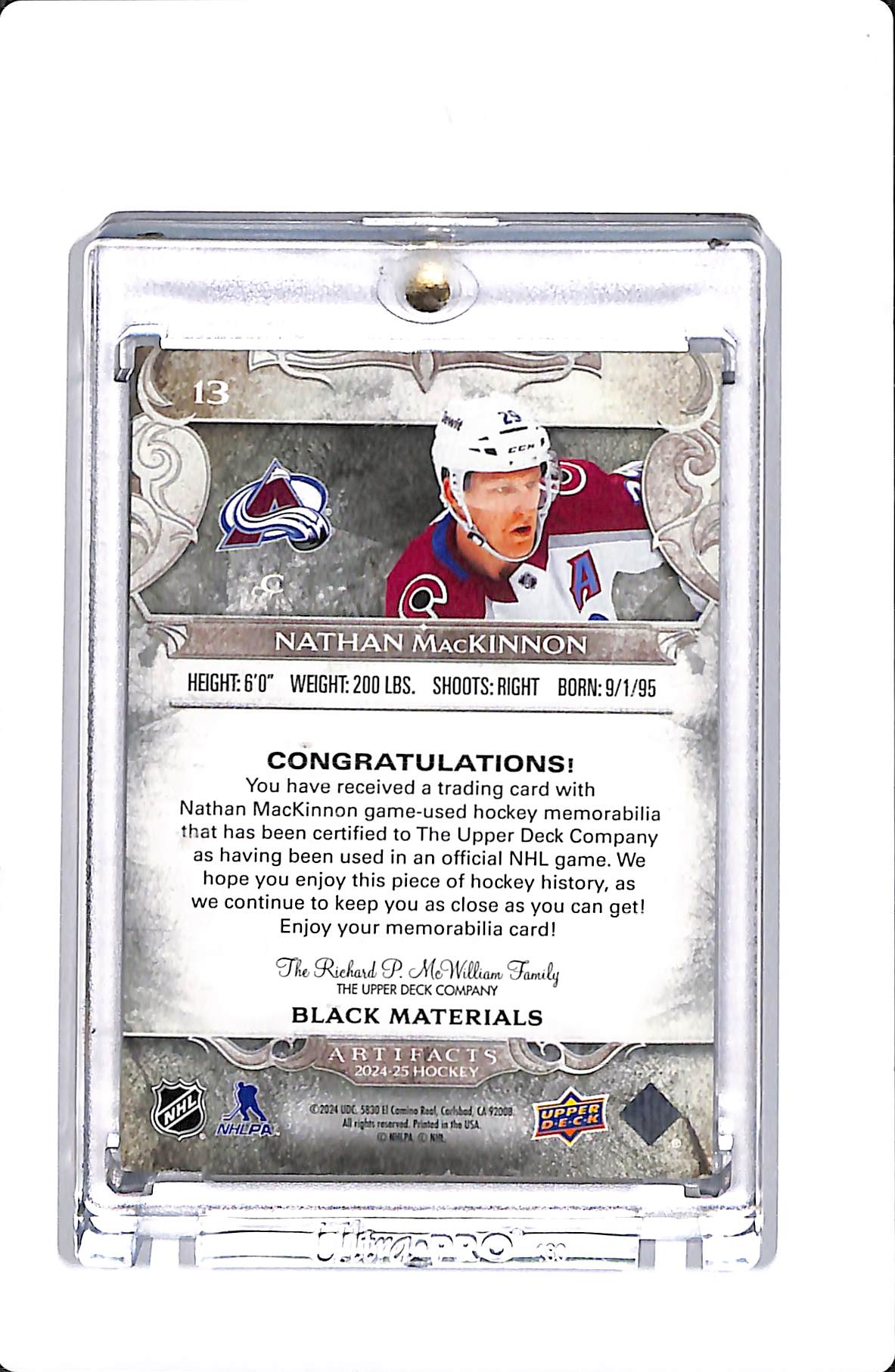 2024-25 UPPER DECK ARTIFACTS NATHAN MACKINNON BLACK MATERIALS #13 PATCH /5