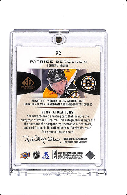 2013-14 UPPER DECK SP GAME USED PATRICE BERGERON AUTOGRAPH #92