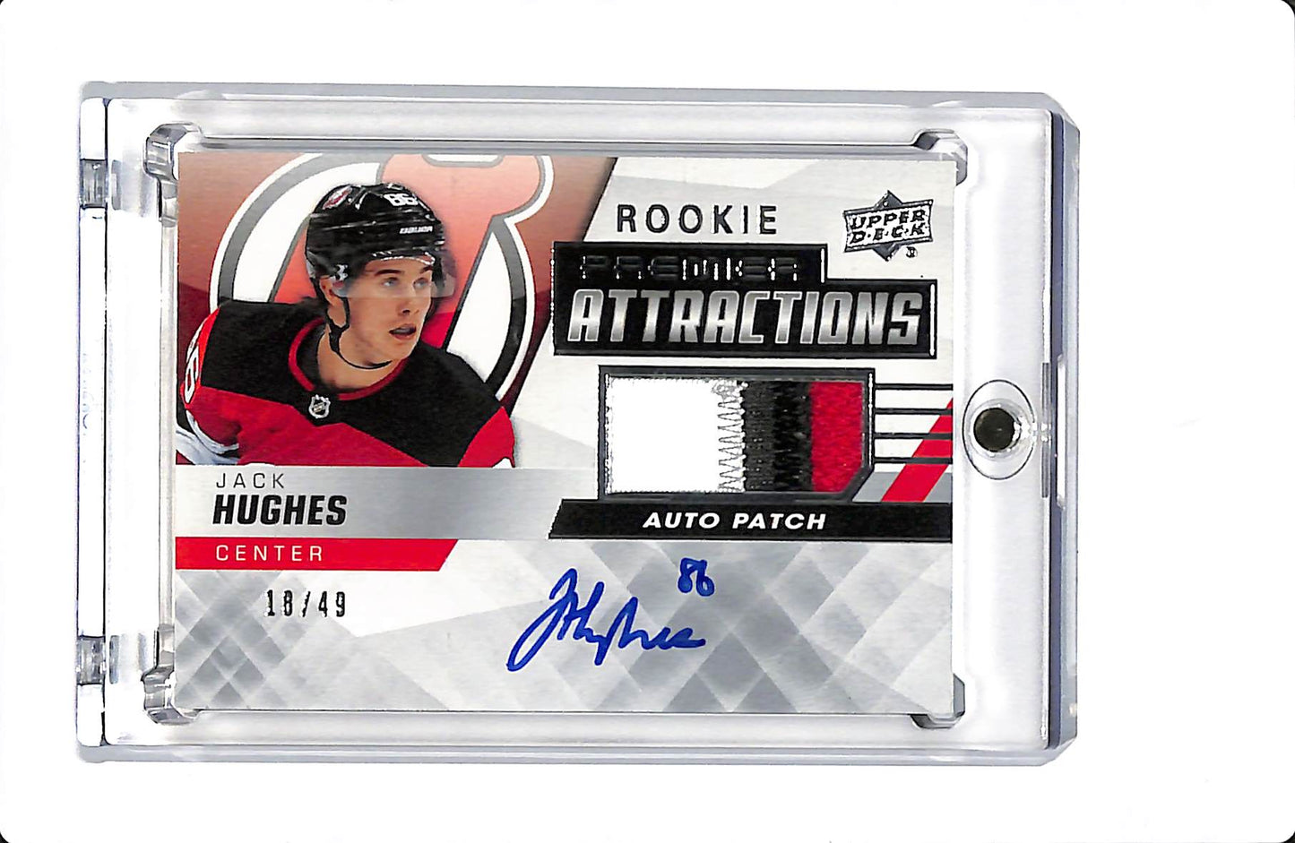 2019-20 UD PREMIER JACK HUGHES ROOKIE PREMIER ATTRACTIONS AUTO PATCH /49 #PA-JH