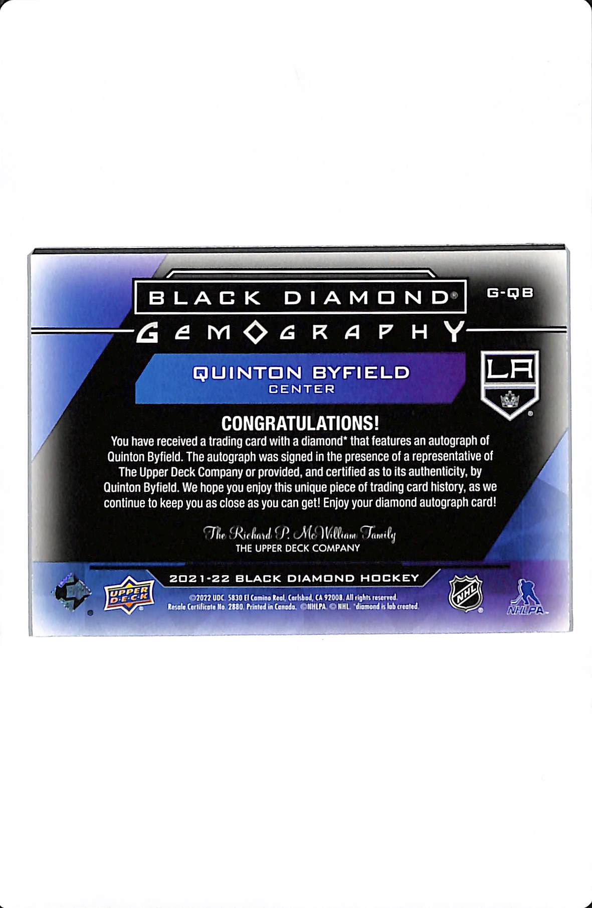 2021-22 UD BLACK DIAMOND QUINTON BYFIELD GEMOGRAPHY /25 #G-QB